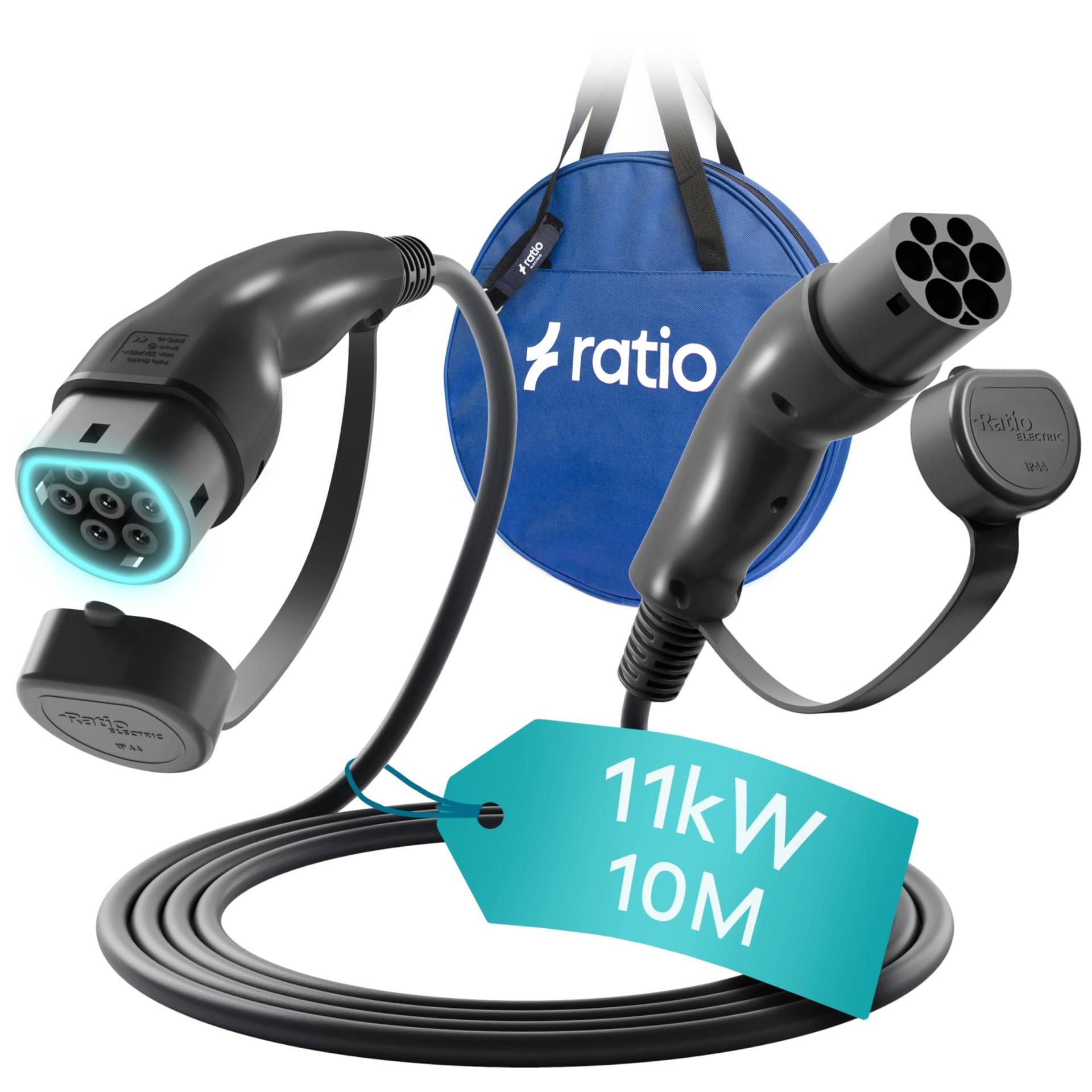 Ratio Typ 2 Ladekabel 11kW 10M 16A 3 Phasig 10 Meter Modus 3 Typ 2 auf Typ 2 EV Ladekabel für Elektroauto mit Tragetasche für Model S/X/Y/3 e-Golf ID.3 i3 i8 und Mehr von Ratio Electric