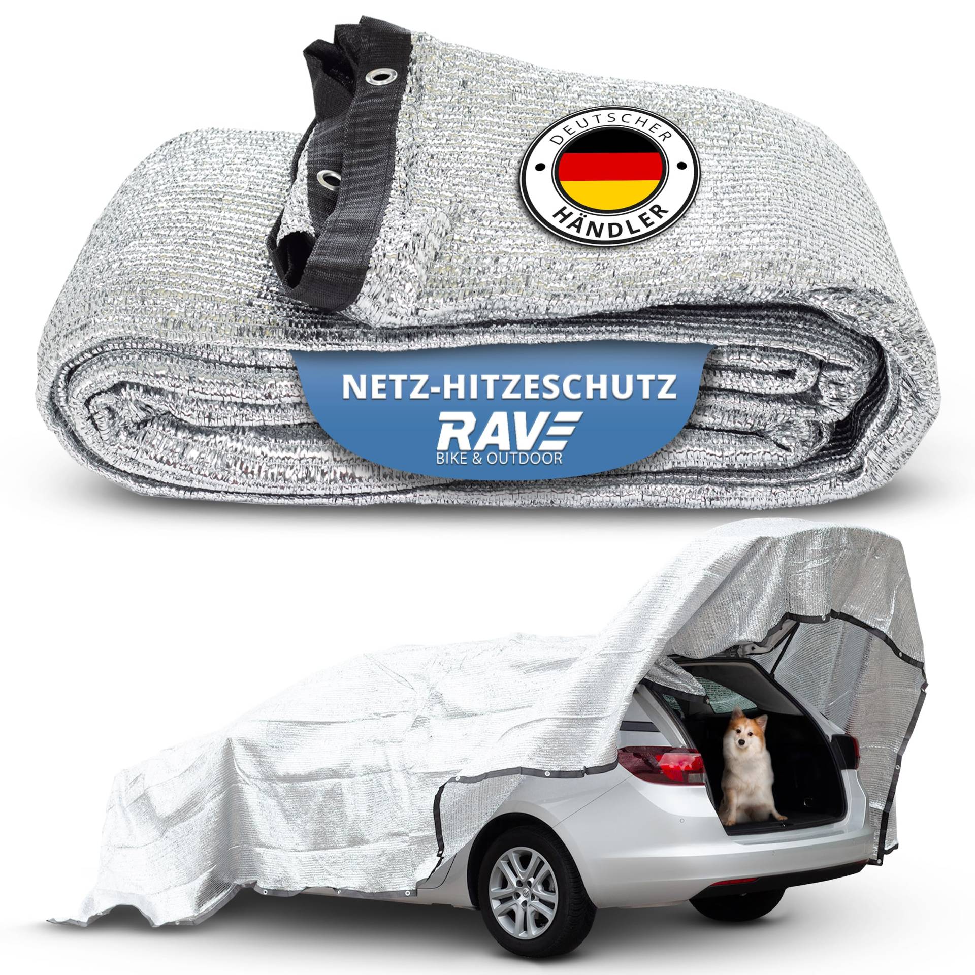 RAVE Großes Aluminium-Schattennetz für Auto, Hund & Camping | Sonnenschutz & Kühleffekt | 6x4m - 24m²| Auto Abdeckplane & Faltgarage | Hochwertiges PE-Material | Leicht & Luftdurchlässig | Sonnensegel von Rave