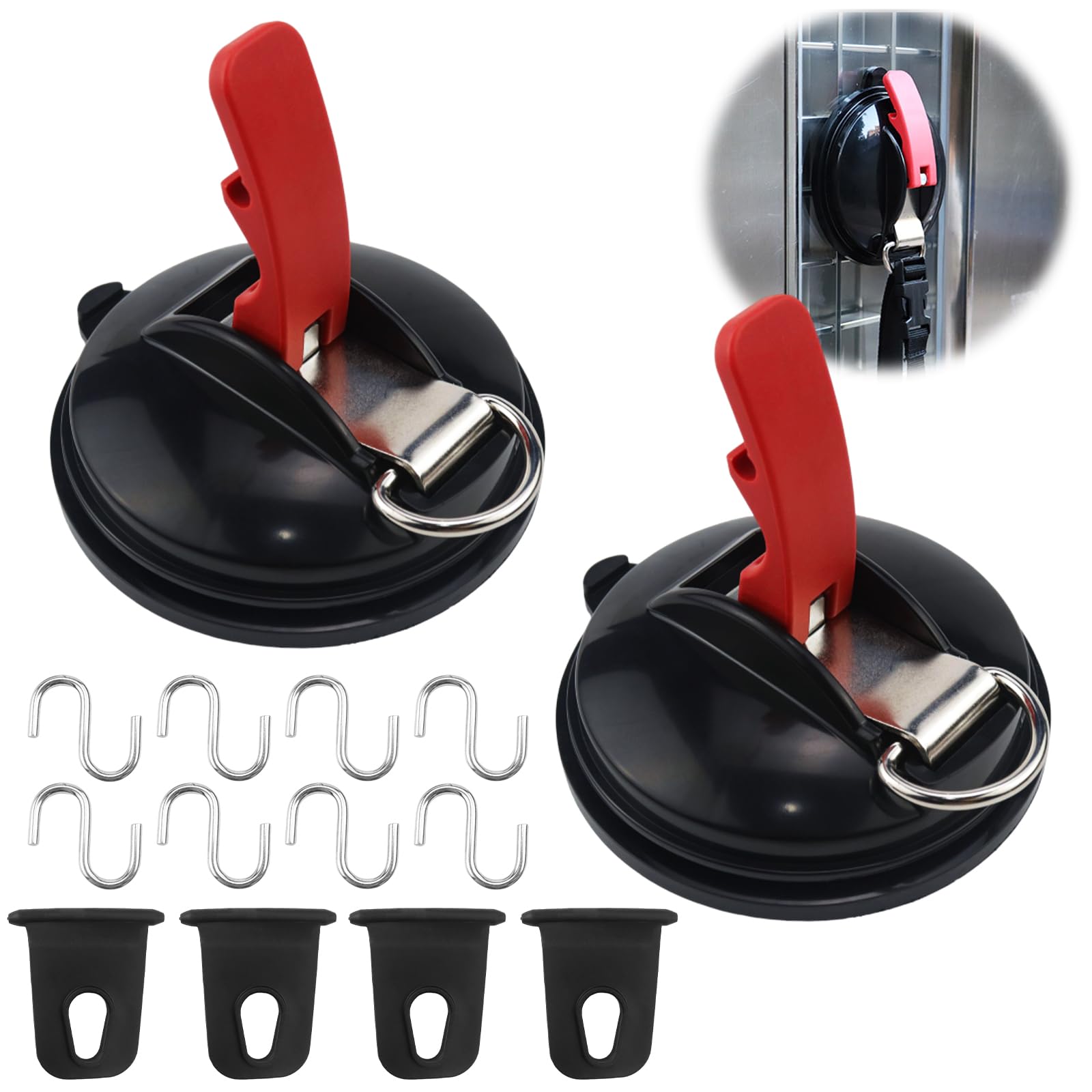 Raxfekro 2 Stück Saugnapf mit 8 S-Haken und 4 Silikon-Markisenhaken Set, Saugnapf Haken Camping, Auto Saugnapf Geeignet für Camping, Zelt, Wohnwagen, Auto Spanner von Raxfekro