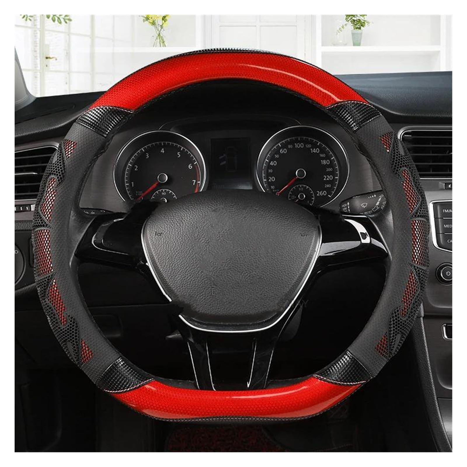 Lenkrad Abdeckung Auto Lenkrad Abdeckung Carbon Faser Leder Für Kia Für Optima K5 2021 Nicht-Slip Lenkrad Auto-Styling Auto Zubehör Lenkradschoner(B- D Shape Black Red) von Rdtnvc