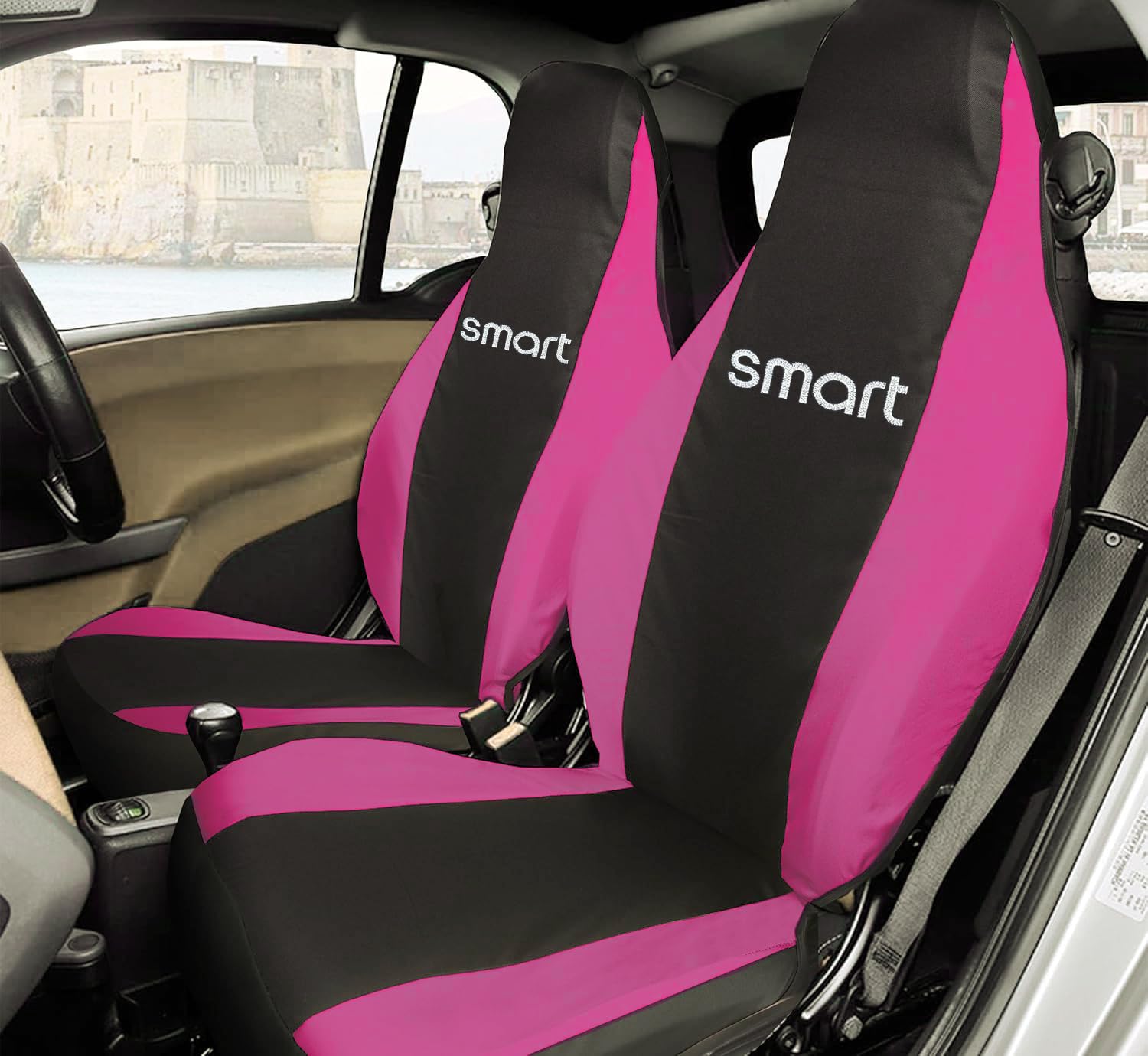 Rebeca Shop® Autositzbezüge kompatibel für Smart | Made in Italy | Set Vordersitzbezug für Paar (W453 - Dritte Serie, Schwarz/Fuchsia) von Rebeca Shop