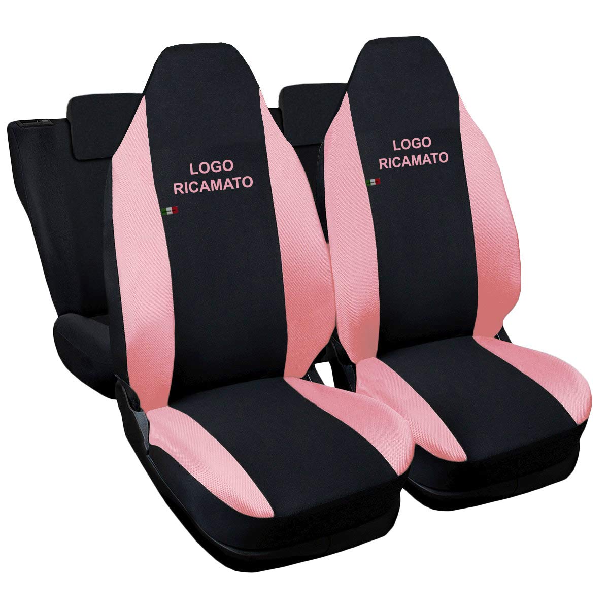 Rebeca Shop® Sitzbezüge, kompatibel mit Aygo, hergestellt in Italien, Sitzbezüge, Vorder- und Rücksitzbezüge, gesticktes Auto-Modelllogo (schwarz/pink) von Rebeca Shop