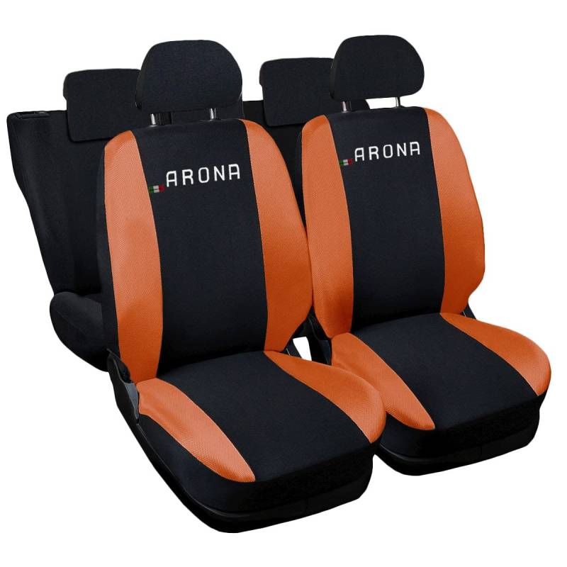 Rebeca Shop Auto-Sitzbezüge kompatibel mit Arona, Set für Vorder- und Rücksitze, gesticktes Logo, Airbag, kompatibel, Zubehör für den Innenbereich (Schwarz/Orange) von Rebeca Shop