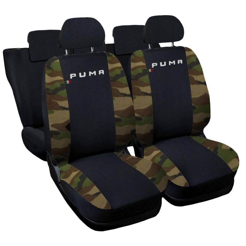 Rebeca Shop Puma kompatible Autositzbezüge für Puma | Set für Vorder- und Rücksitze, gesticktes Logo, Airbag, kompatibel, Zubehör für den Innenbereich (Schwarz/Camouflage-Grün) von Rebeca Shop