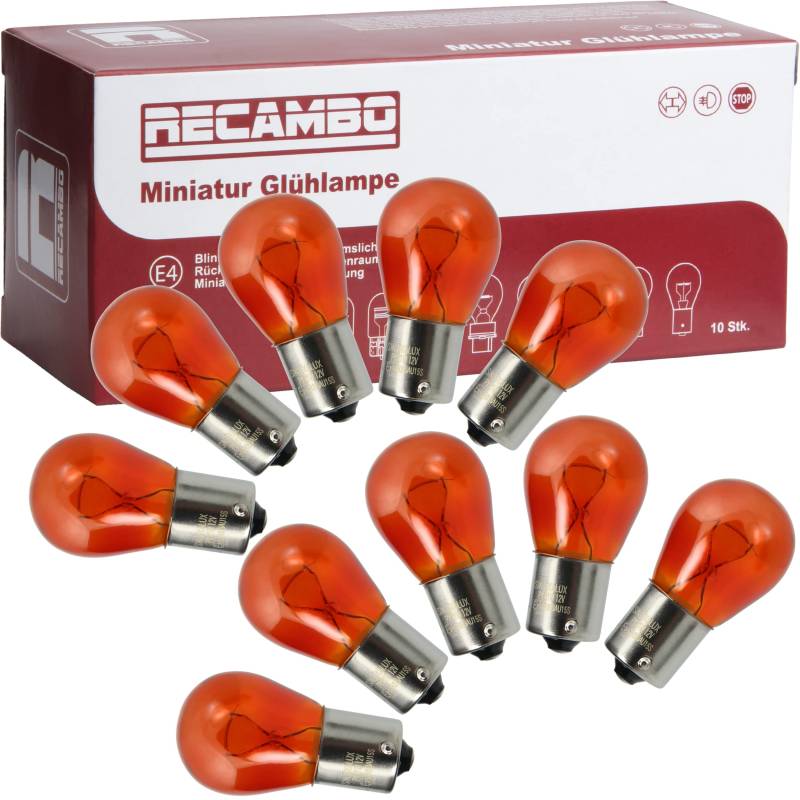 10x Glühbirne Scheinwerferlampe Birne 21W 12V Abblendlicht Fernlicht Glühlampen | E - Prüfzeichen | Sockel BAU15S - Gelb von Recambo