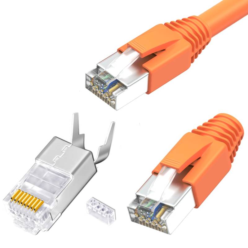 RedStar24 RJ45 Stecker Cat7 10er Set | Lan Netzwerkstecker, Geschirmt | Inkl. Zugentlastung, Knickschutztülle Orange & Einführhilfe | Ideal für CAT 7, Cat6A Verlegekabel AWG23 | 8-Poliger Plug von RedStar24