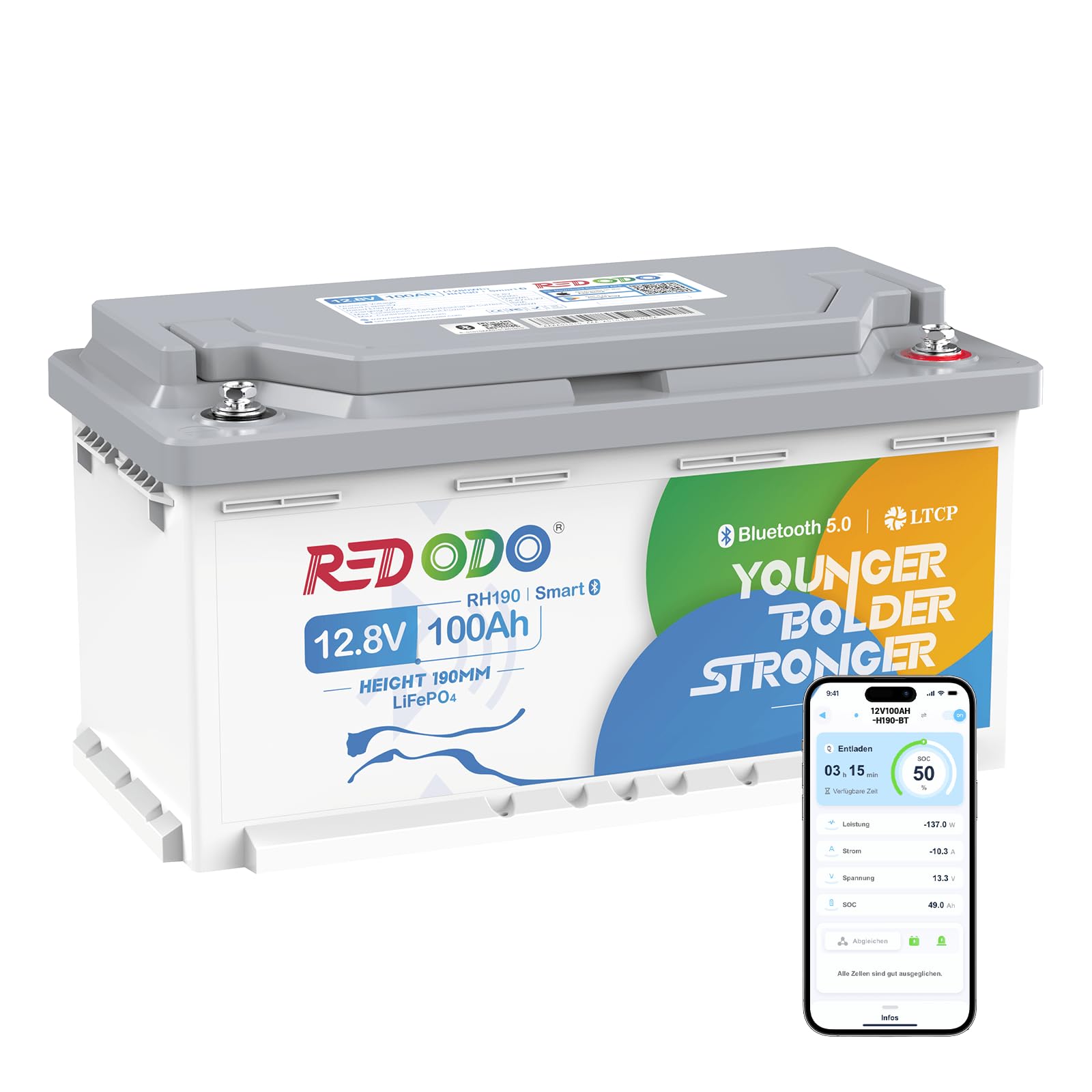 Redodo 12V 100Ah Bluetooth LiFePO4 Batterie, 188mm Höhe Tiefzyklus Lithium Batterie mit Smart BMS 1280Wh Energie, Niedrigtemperaturschutz, Perfekte AGM Ersatzbatterie für Wohnmobil, RVs, Wohnwagen von Redodo