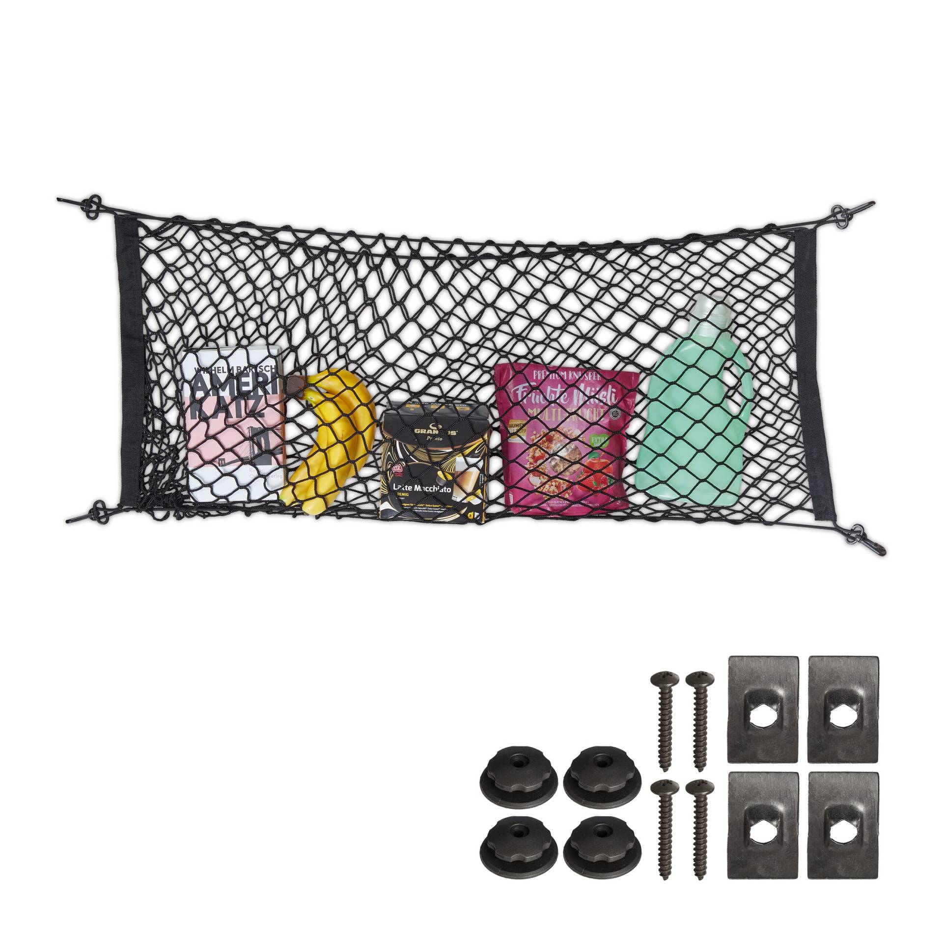Relaxdays Gepäcknetz fürs Auto, 90x40 cm, elastisches Aufbewahrungsnetz, Kofferraumnetz mit Haken, universal, schwarz von Relaxdays