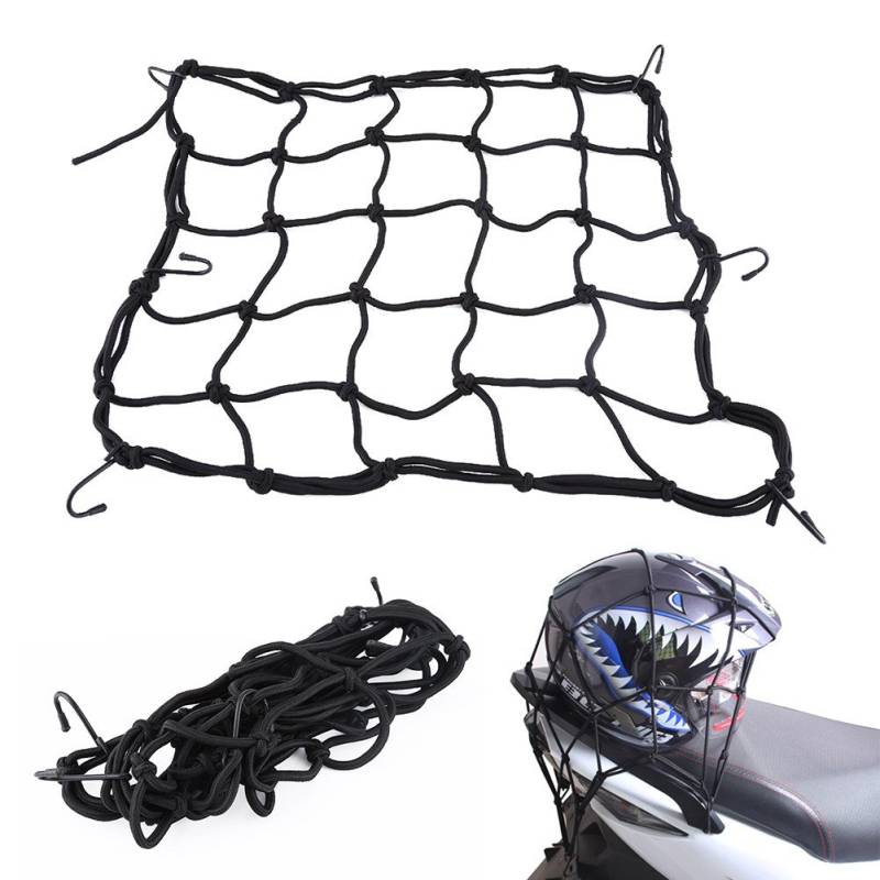 motorradhelm Netz + Frachtnetz 40 * 40 cm 6 Haken Fracht Gepäck Elastic Mesh Web Net Schwarz für Alle Motorrad Roller und Quad Bike (ATV) von Akozon