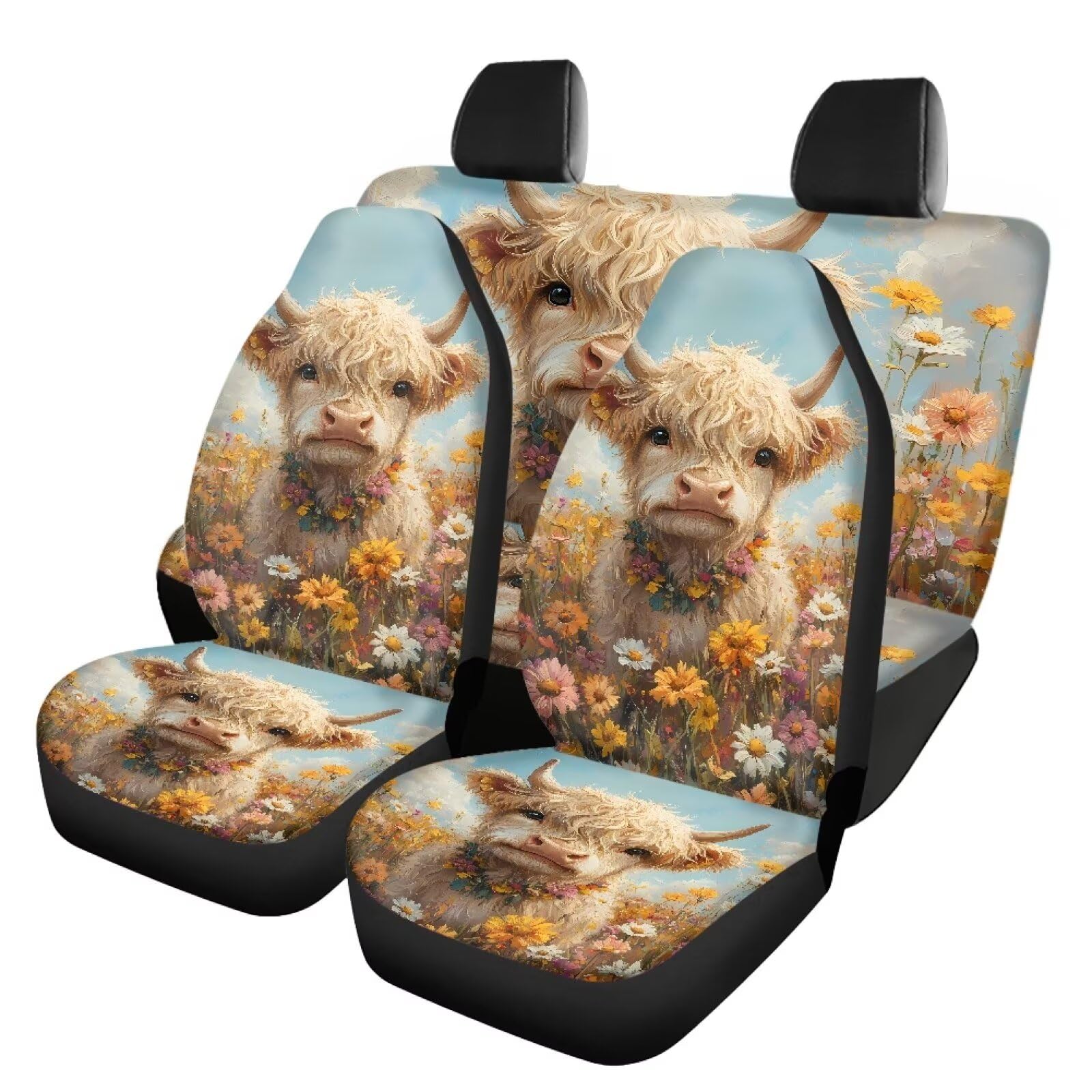 Renewold Autositzbezug Highland Cow mit Blume, modisches Autositzbezug, vollständiges Set, Luftatmung im Sommer, Innenzubehör, vollständiger Umwicklungskante, Autositzschutz, Auto, LKW, SUV, Fahrzeug von Renewold