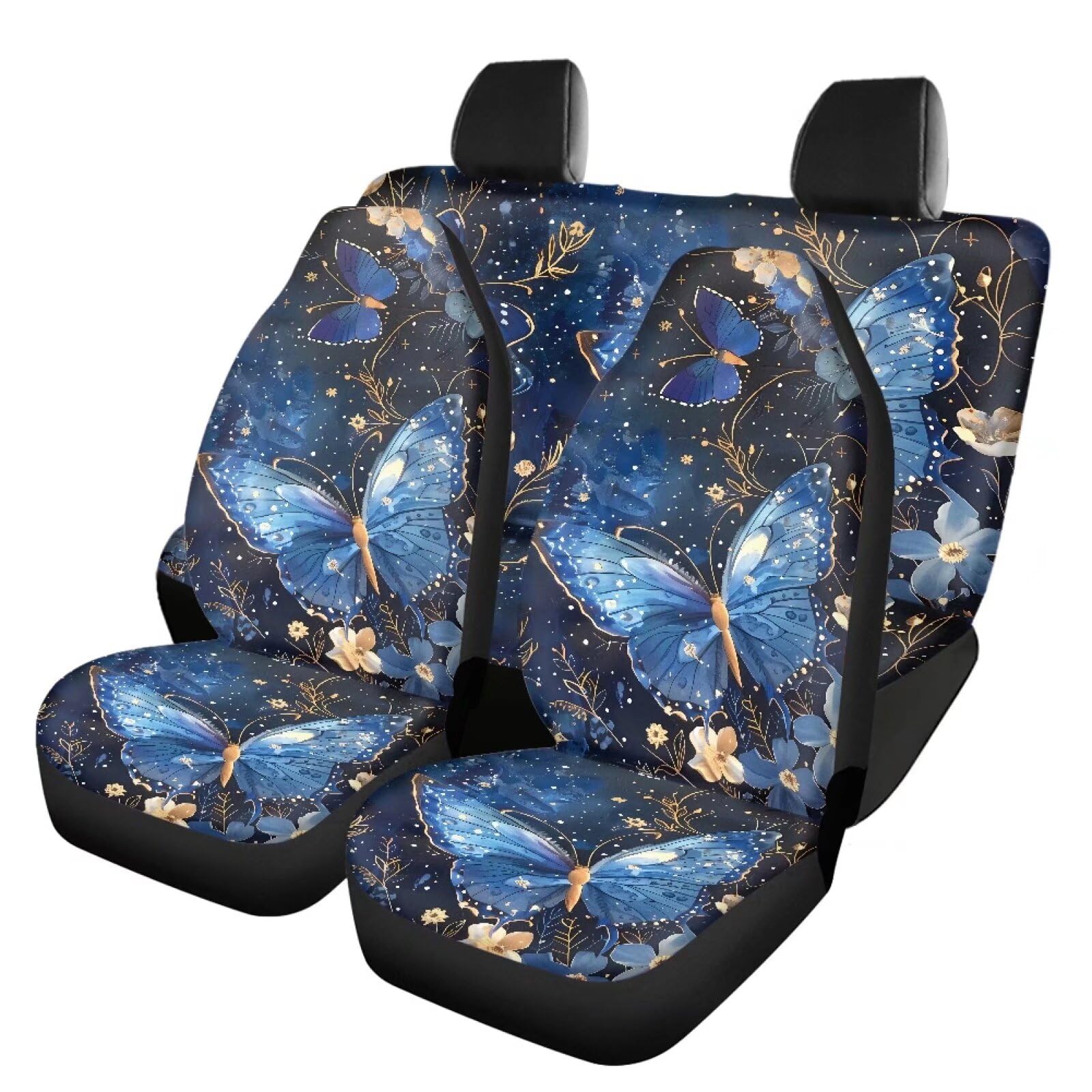 Renewold Bling Blue Butterfly Autositzbezüge, 4 Stück, bequeme Polyester-Sitzbezüge, komplettes Set, einfach zu installieren, Auto-Innenraum, Fahrzeugkissen, Schoner für Autos, LKWs, universelle von Renewold