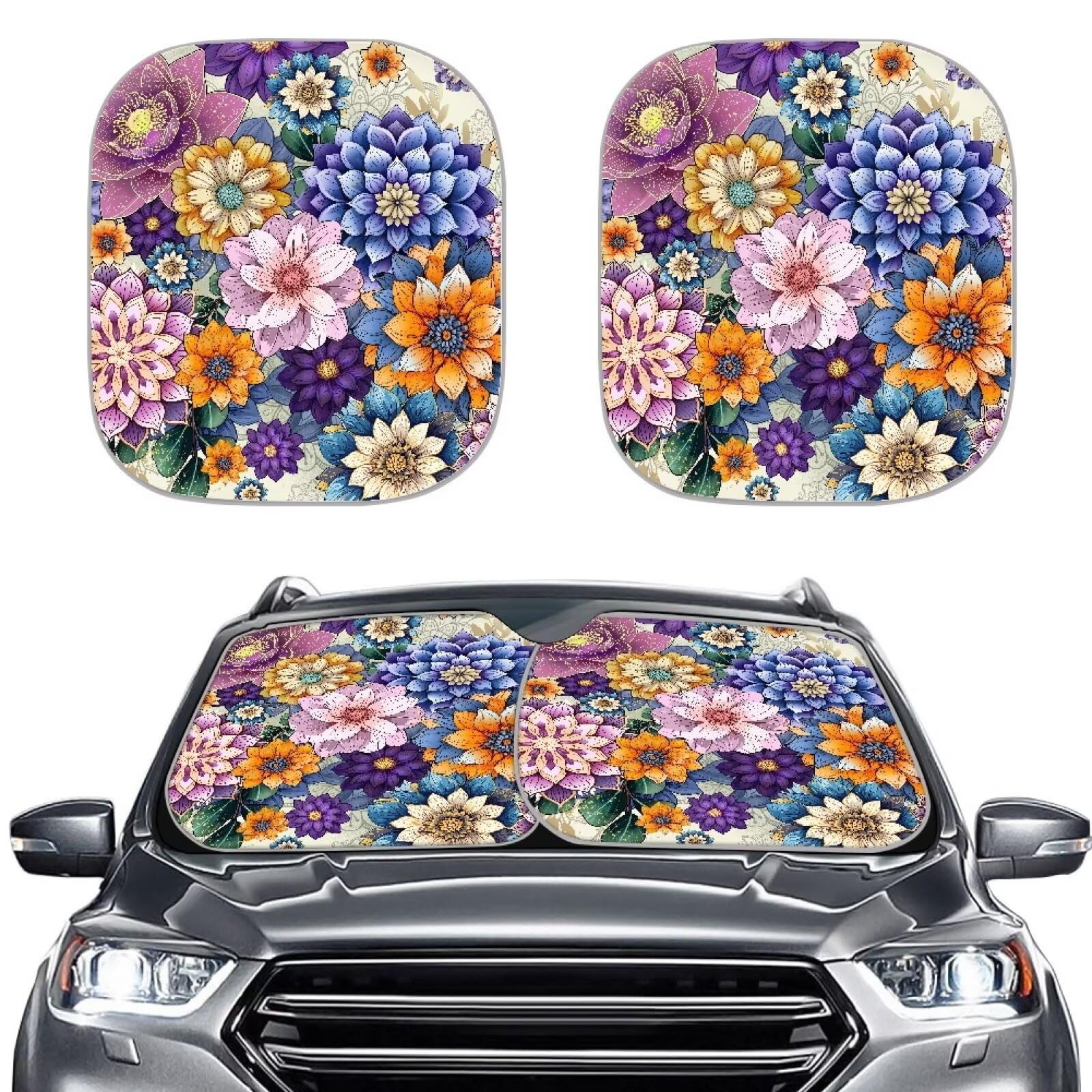 Renewold Boho Flower Automotive Windschutzscheibe Sonnenschutz zum Schutz Windschutzscheibe Sonnenschutz Wärmeisolierung Schutz 2 Stück Schutz Zubehör für LKW Van Limousine von Renewold