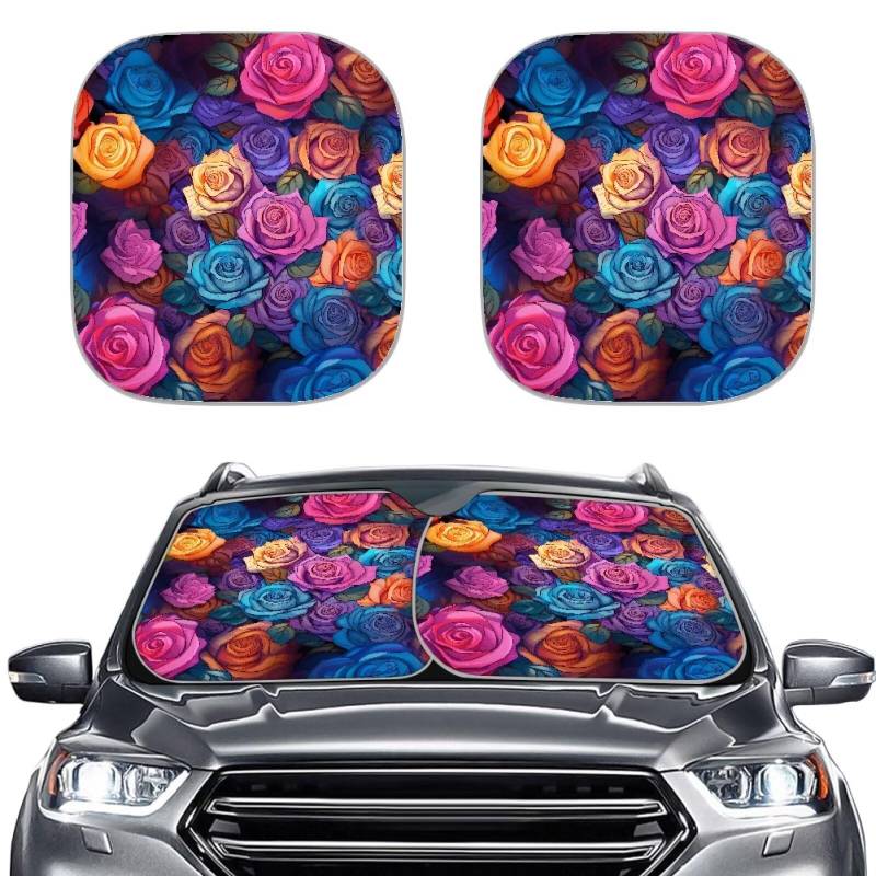 Renewold Bunte Rosen Druck Auto Frontscheibe Schutzschatten Autofenster Sonnenschutz Frontscheibe für Auto Fahrzeug Limousine Van LKW Sonnenlichtblocker Visierschutz, 72,4 x 64,8 cm von Renewold