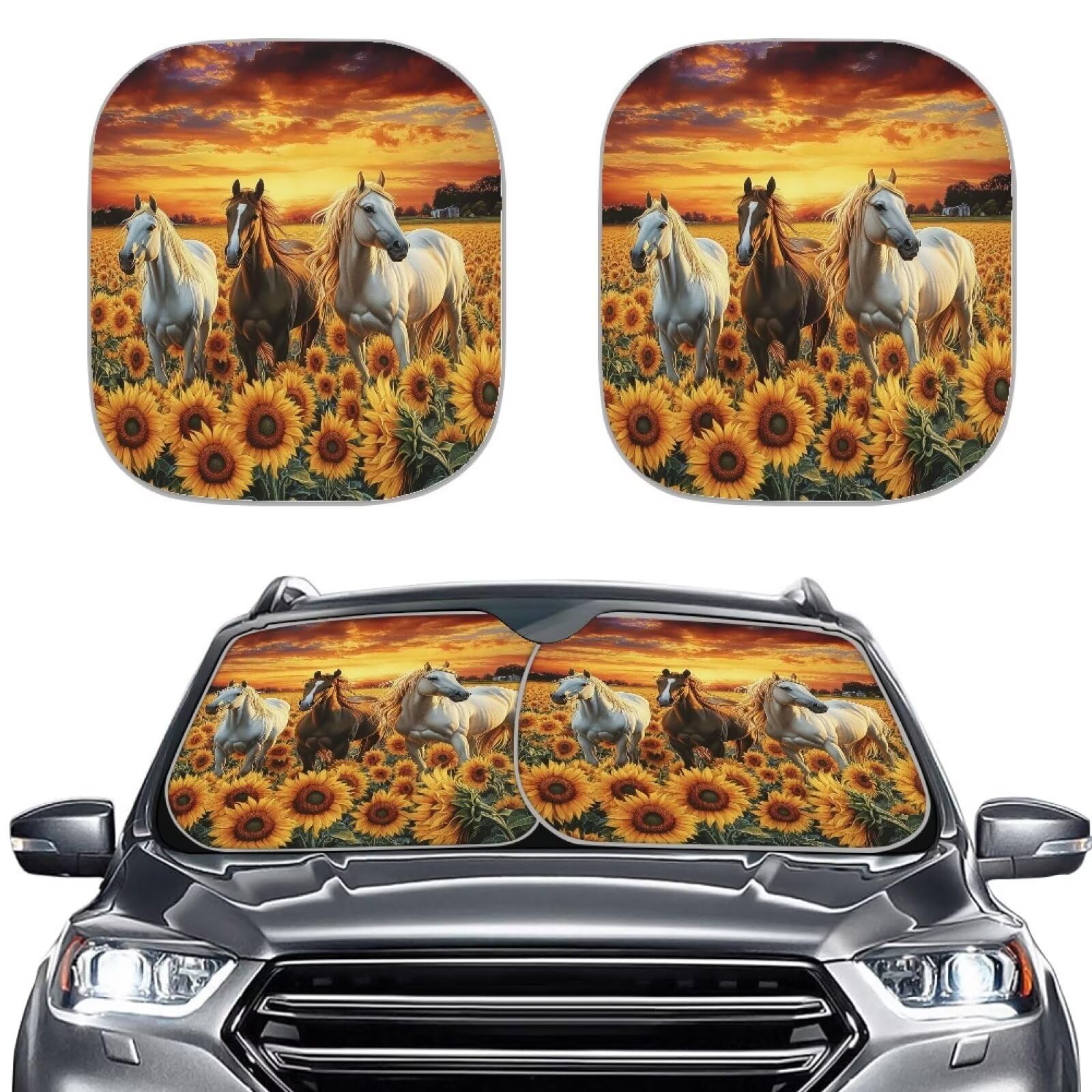 Renewold Drei Pferde Sonnenblume Frontscheibe Sonnenschutz mit niedlichem Design, Hitzeschutz Sonnenblende Schutz Sonnenschutz, reflektieren UV-Sonne und Wärme und schützen Sie Ihr Auto, 72,4 x 64,8 von Renewold