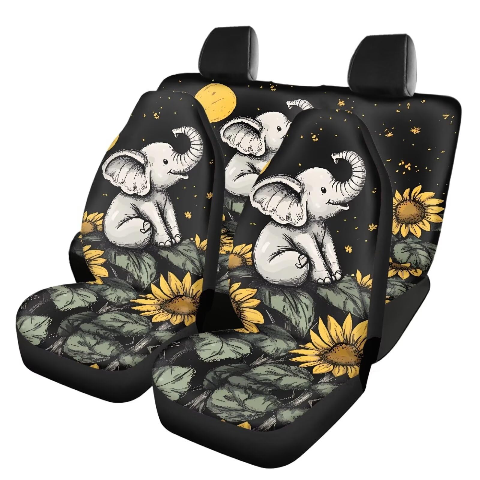 Renewold Elephant Sunflower Autositzbezug, komplettes Set, super atmungsaktiv, 4er-Pack, Universal-Sitzbezüge für Autos, einfach zu installieren, Polyester, Autositzschoner, Auto-Innenbezüge für von Renewold