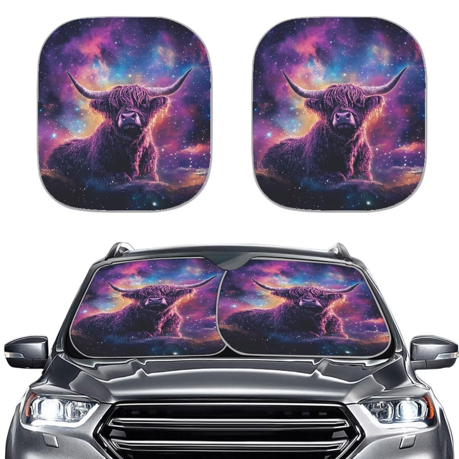 Renewold Fashion Galaxy Highland Cow Frontscheiben-Sonnenschutz, Sonnenschutz für Auto-Frontscheibe, einfach zu installieren und den Autoinnenraum vor schädlichen UV-Strahlen zu schützen, von Renewold