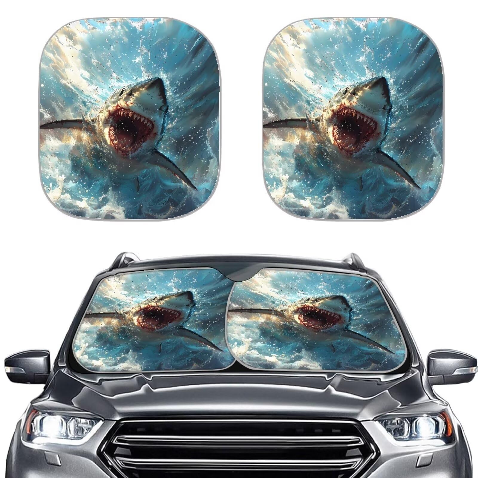 Renewold Great White Shark Print Auto Innenraum Zubehör Sonnenschutz Lustige Auto Sonnenblende Einfach zu Installieren Sonnenblende Protector Covers Sonne und Hitze Blocker Schützen Sie Ihr Auto 72.4 von Renewold