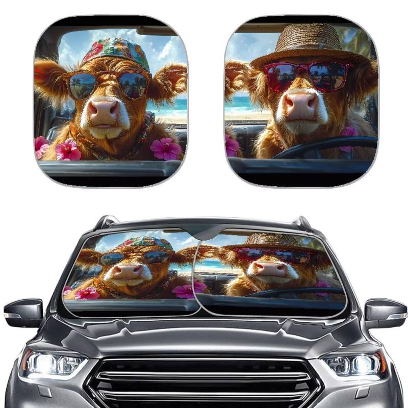 Renewold Highland Cow Driving Vacation Front Window Sunshade, Foldable Auto Sun Visor with personalized Pattern, High Temperature Insolation That Keep Car Interior Cooler for Outdoor Summer von Renewold