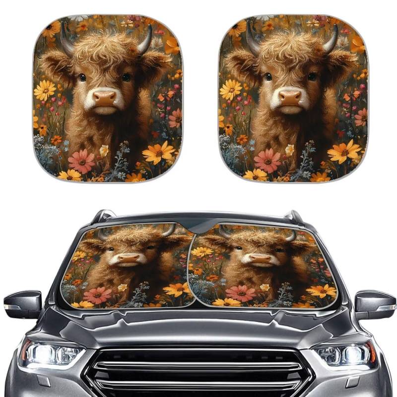 Renewold Highland Cow Flower Front Window Sunshade, Easy to Use Sun Visor Protector Sunshade, Blocks Harmful UV Rays Protect Car From Sun Rays and Heat Damage for Car Truck and Vans von Renewold