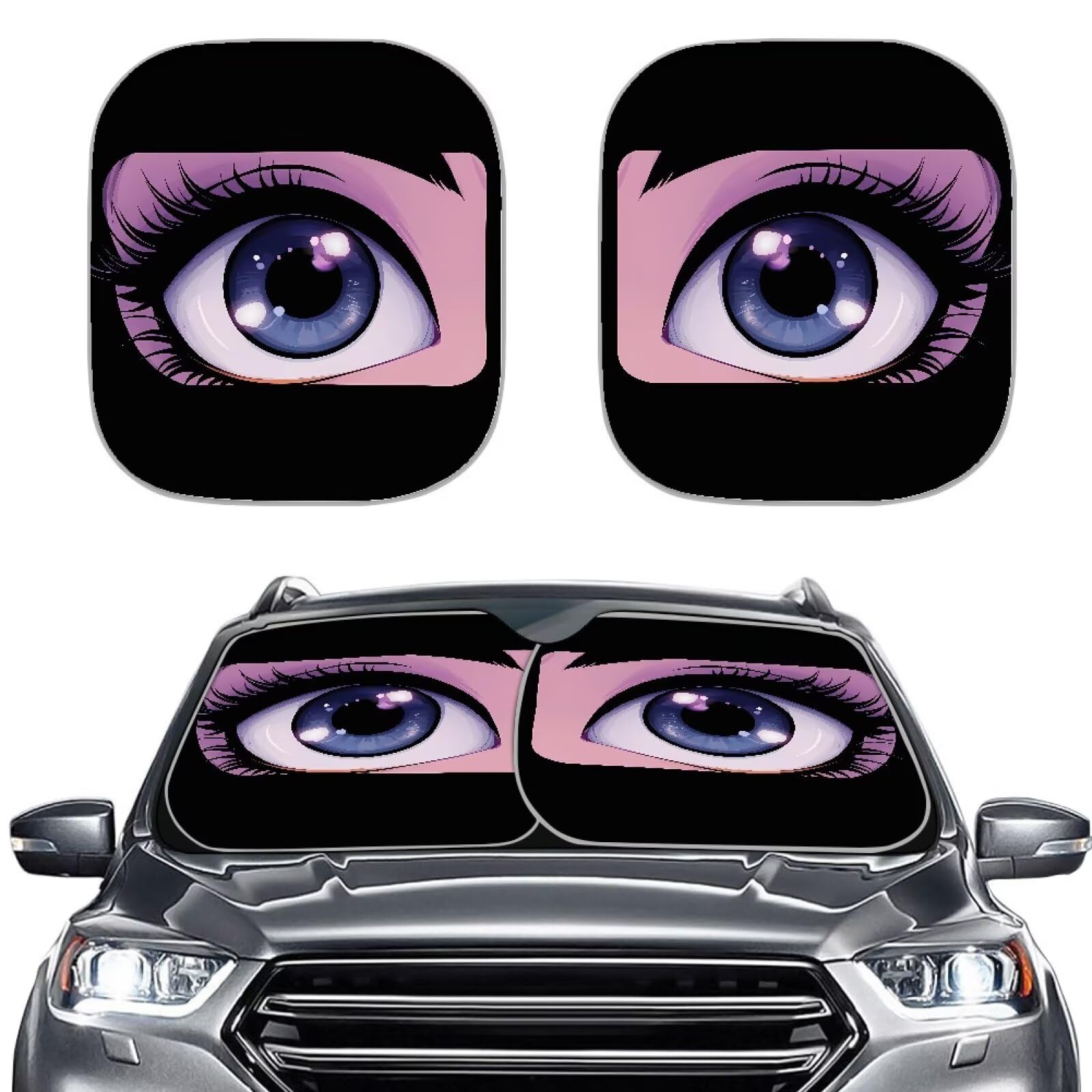 Renewold Lila Cartoon-Augen, leichte Auto-Frontscheibe, faltbar, Sonnenschutz für Hitze und UV-Blocker, lustiges Auto-Zubehör für Sommer, Reisen, Damen und Herren, 72,4 x 64,8 cm von Renewold