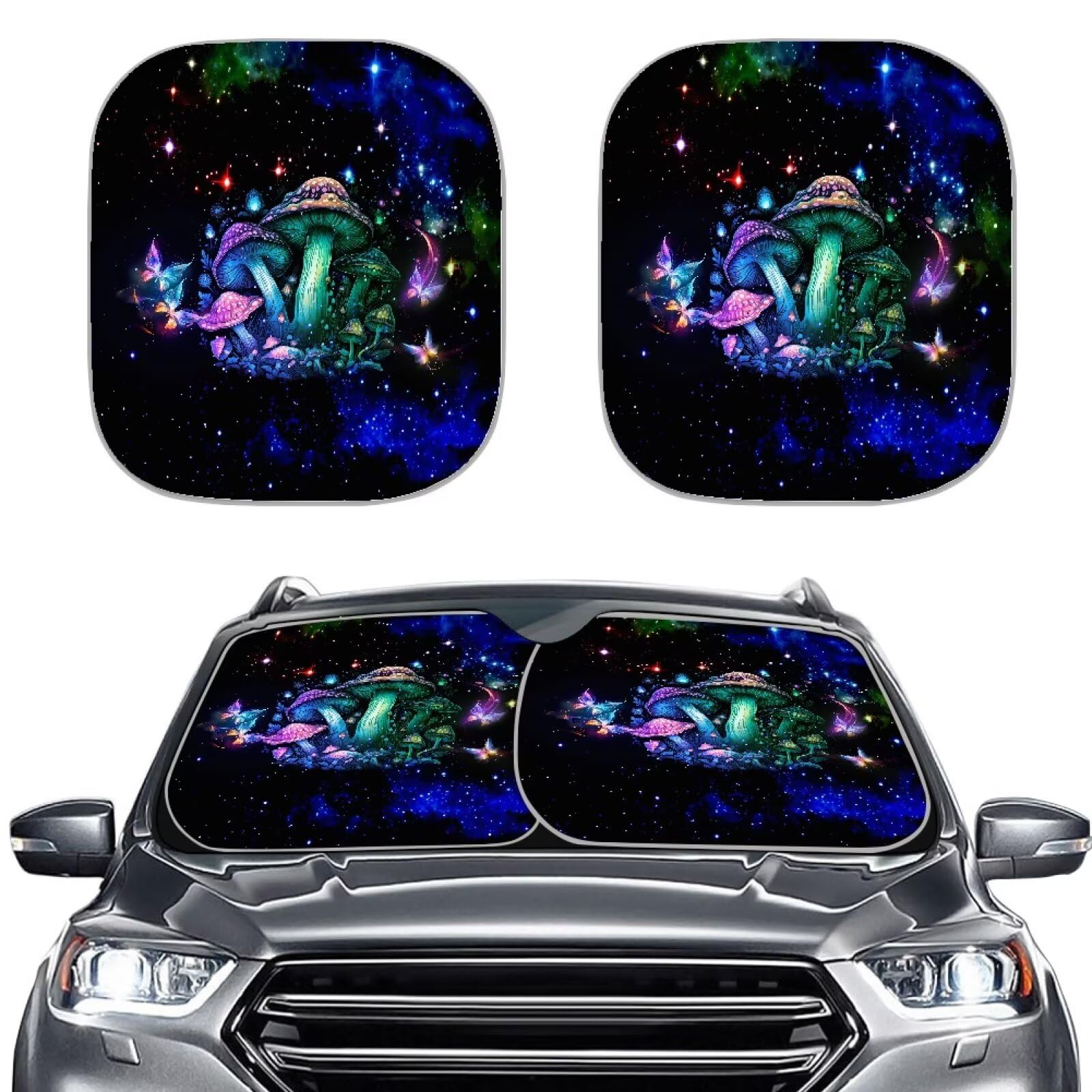 Renewold Magic Mushroom Print Washable Sunshade Visor Foldable Front Windshield Shade for Sun, Car Summer Protector for Heat Insolation and Harmful UV Rays for Van Truck Sedans, 2 Pcs von Renewold