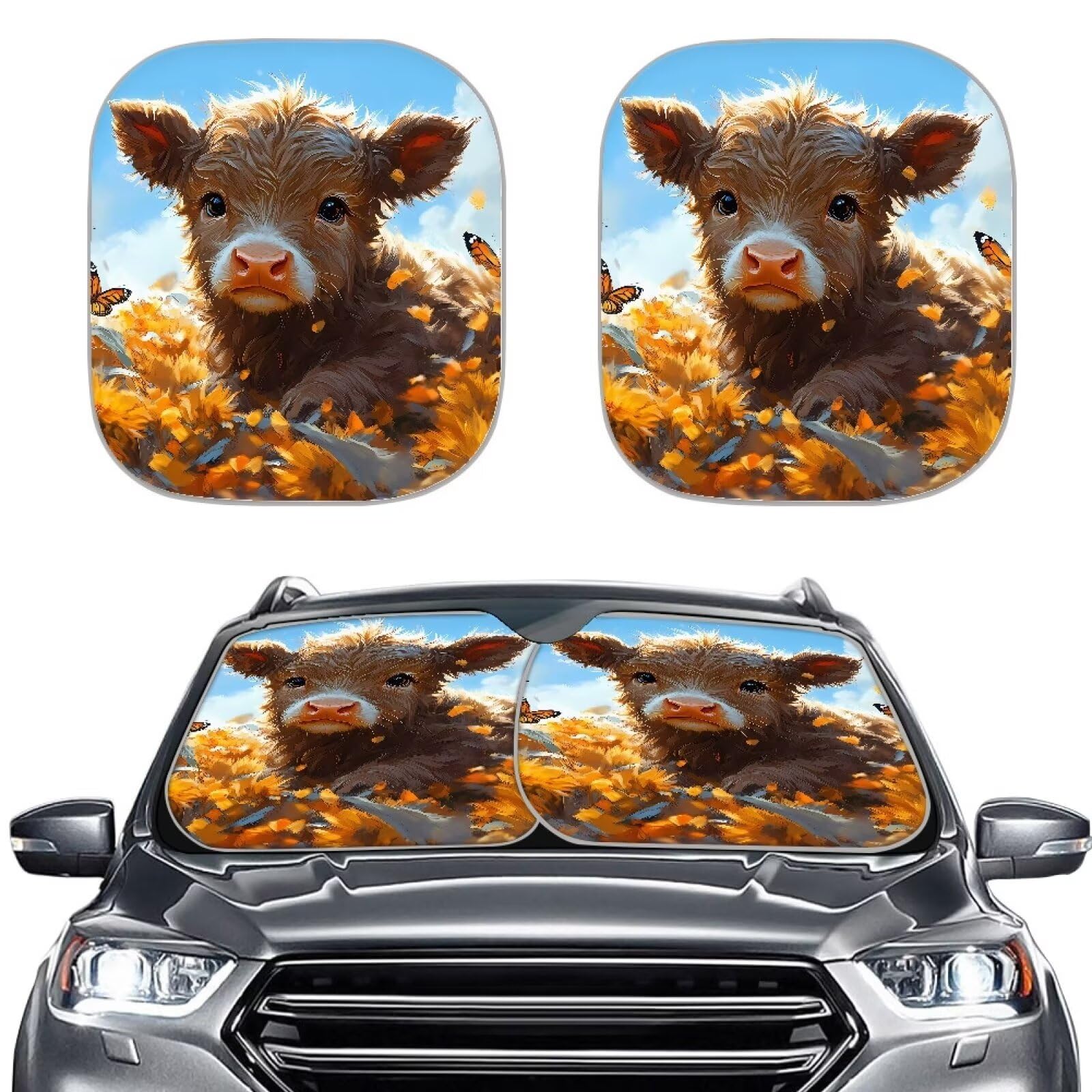 Renewold Niedliche Highland Cow Sun Frontscheibe Sonnenschutz, Auto Sonnenblende für Leichtgewicht, blockiert schädliche UV-Strahlen für den Innenraum Auto Schutz, Outdoor Reise Auto Zubehör 72,4 x von Renewold