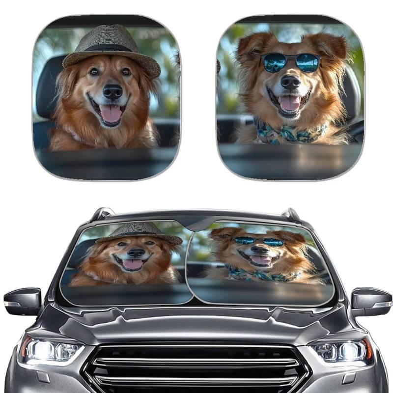 Renewold Niedlicher Golden Retriever Fahren Reflektierende Auto-Frontscheibe aus Polyester, leicht, Automobil-Windschutzscheiben-Sonnenschutz für UV-Strahlen, Schadensblocker, Auto-Sonnenschutz für von Renewold