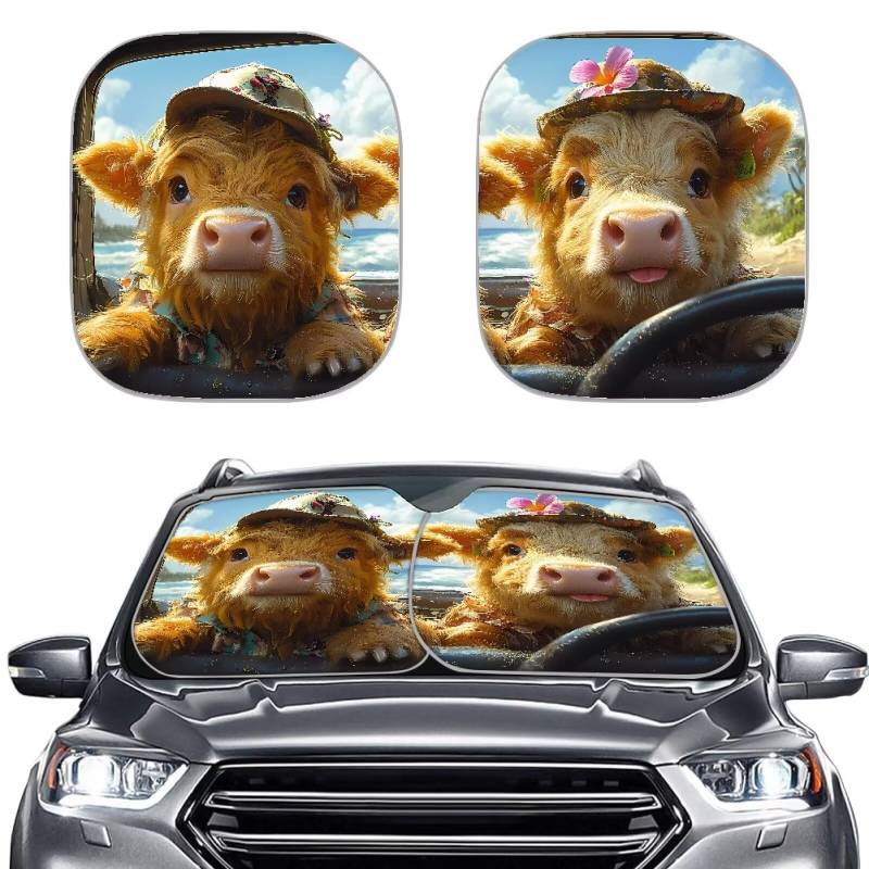 Renewold Niedlicher Sonnenschutz für Frontscheibe, Motiv: Highland Cow Driving Frontscheibe, faltbar, Sonnenblende aus Polyester für Sonne und UV-Strahlen, Reflektor, Wärmeisolierung, universelle von Renewold