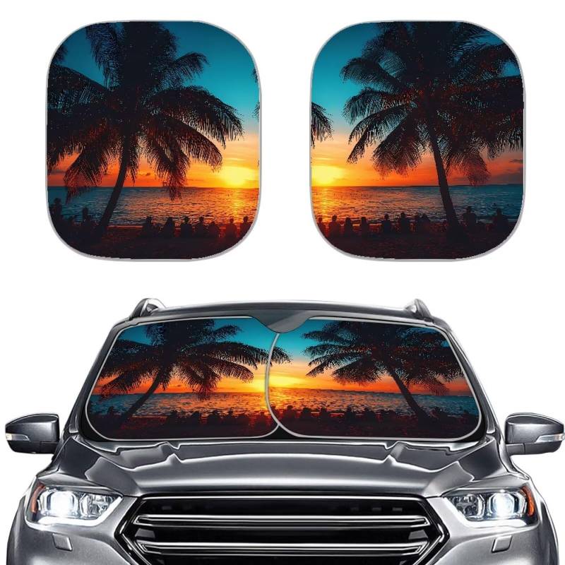 Renewold Sunset Palm Tree Faltbarer Frontscheiben-Sonnenschutz, Windschutzscheibenabdeckung für Auto, Van, LKW, einfach zu installieren, Sonnenlicht-Schutzvisier reflektiert schädliche UV-Strahlen und von Renewold