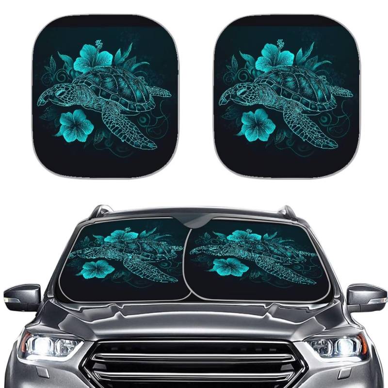 Renewold Vintage Green Turtle 2 Stück Sonnenblende Visier Faltbare Windschutzscheibe Schatten Sommer Zubehör für Hitze und UV-Strahlung Isolierung Universal Fit Set für Auto Van LKW 72,4 x 64,8 cm von Renewold