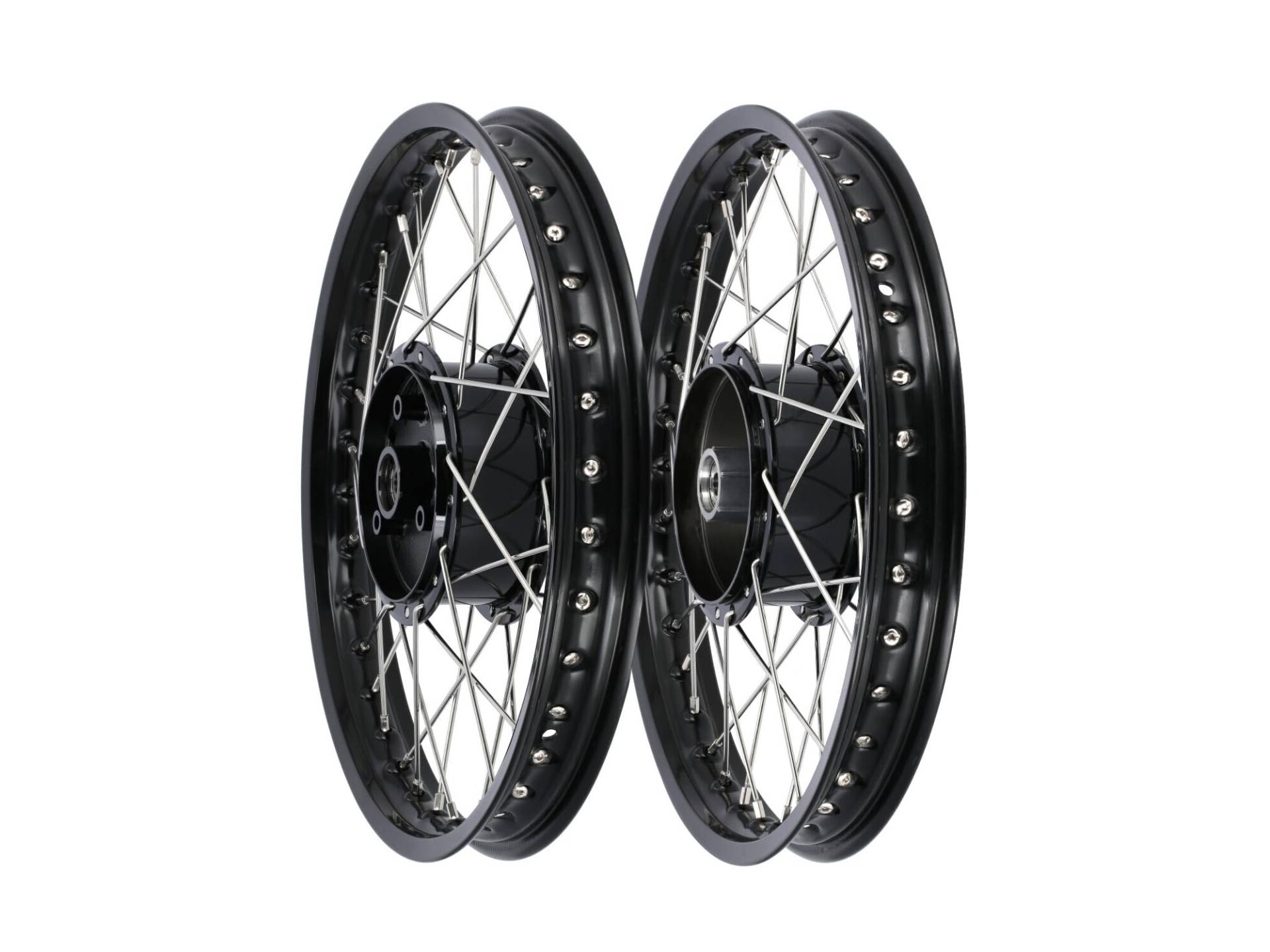 Set: 2x Tuning-Speichenrad 1,5 x 16" Alufelge Schwarz eloxiert + Edelstahlspeichen - für Simson S51, S50, KR51 Schwalbe, SR4 von Renner Automotive