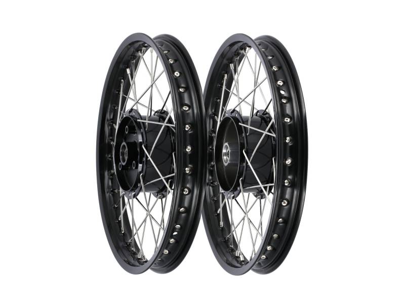 Set: 2x Tuning-Speichenrad 1,5 x 16" Alufelge Schwarz eloxiert + Edelstahlspeichen - für Simson S51, S50, KR51 Schwalbe, SR4 von Renner Automotive