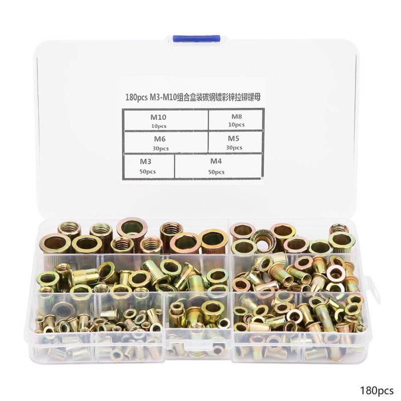 Respicefinem Vergaser-Nietmuttern-Werkzeuge 18 x 10 x 3, 180-teiliges M3-M10-Nietmuttern-Set, verzinkter Kohlenstoffstahl, Flacher Gewindeeinsatz, Nietmuttern von Respicefinem