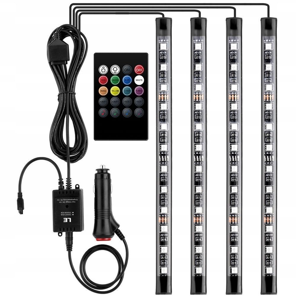 Retoo 12V LED Auto Innenbeleuchtung mit 4 Stück 48 RGB, 3 m mehrfarbig Auto LED Streifen, steuerbare Lichtleiste mit Fernbedienung, Wasserdicht Beleuchtung für Zigarettenanzünder,Innenraumbeleuchtung von Retoo