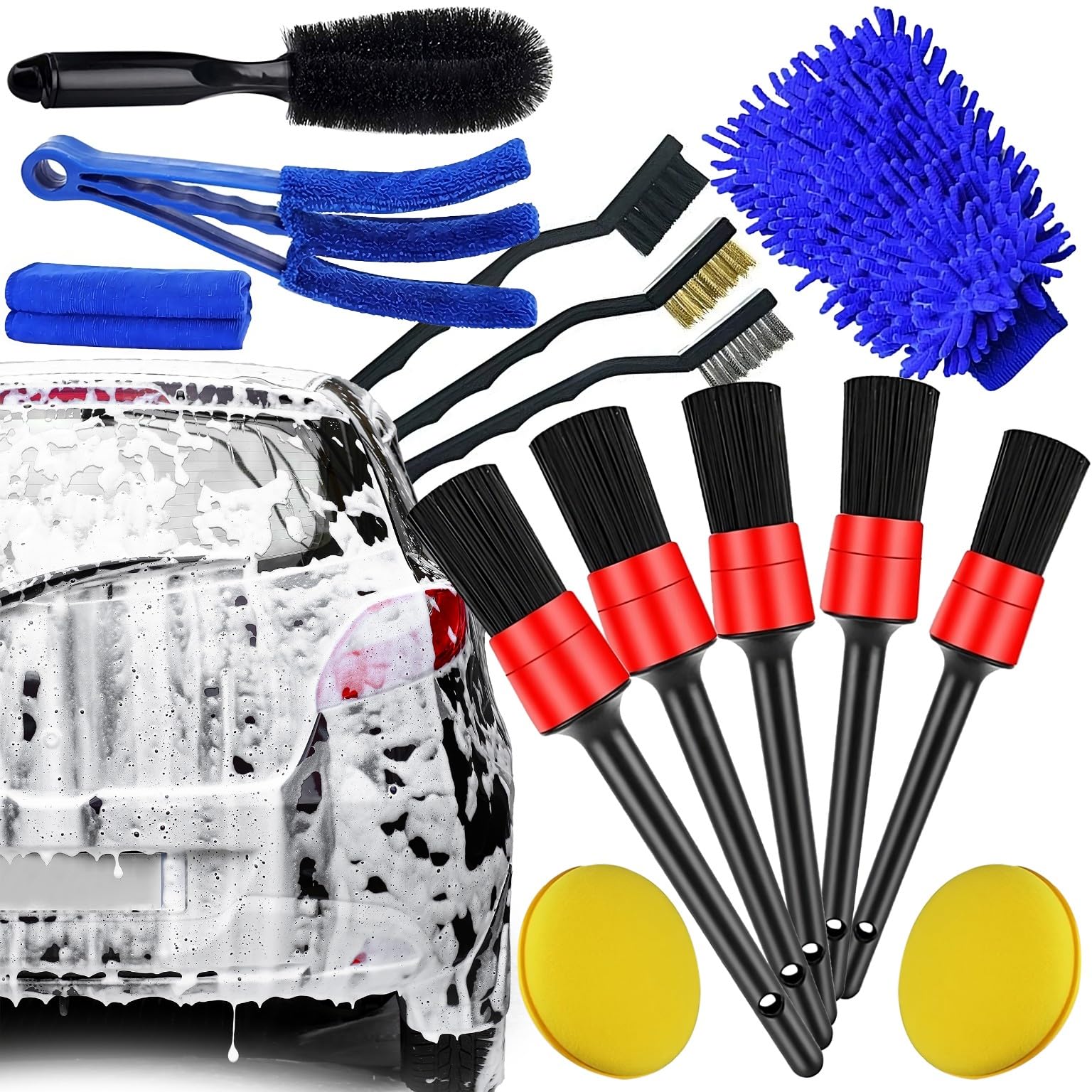 Retoo Auto Reinigungs Bürsten Set, 15 PCS Autopflege Set, 3 Pinsel, Felgenbürste Auto Detailing, Reinigung Autobürste und Mikrofasertücher für Reifen und Autoscheibe für Innen-und-Außenraum Autopflege von Retoo