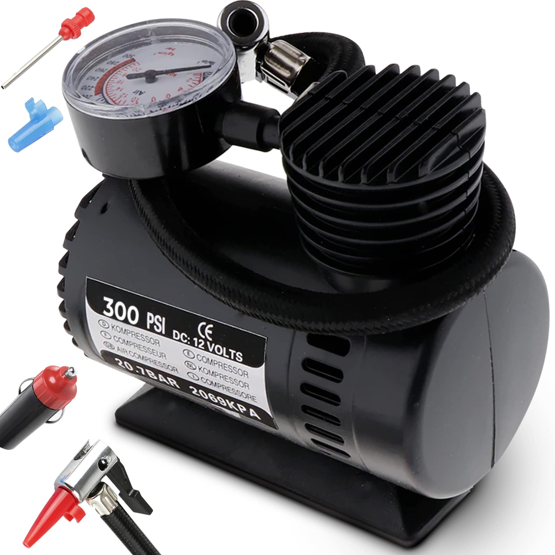 Retoo Kompressor Luftkompressor 12V Luftpumpe für Fahrrad Auto Ball Motorrad Reifenfüller Autoreifen Pumpe 3 Ventiladapter 300 PSI Schwarz von Retoo