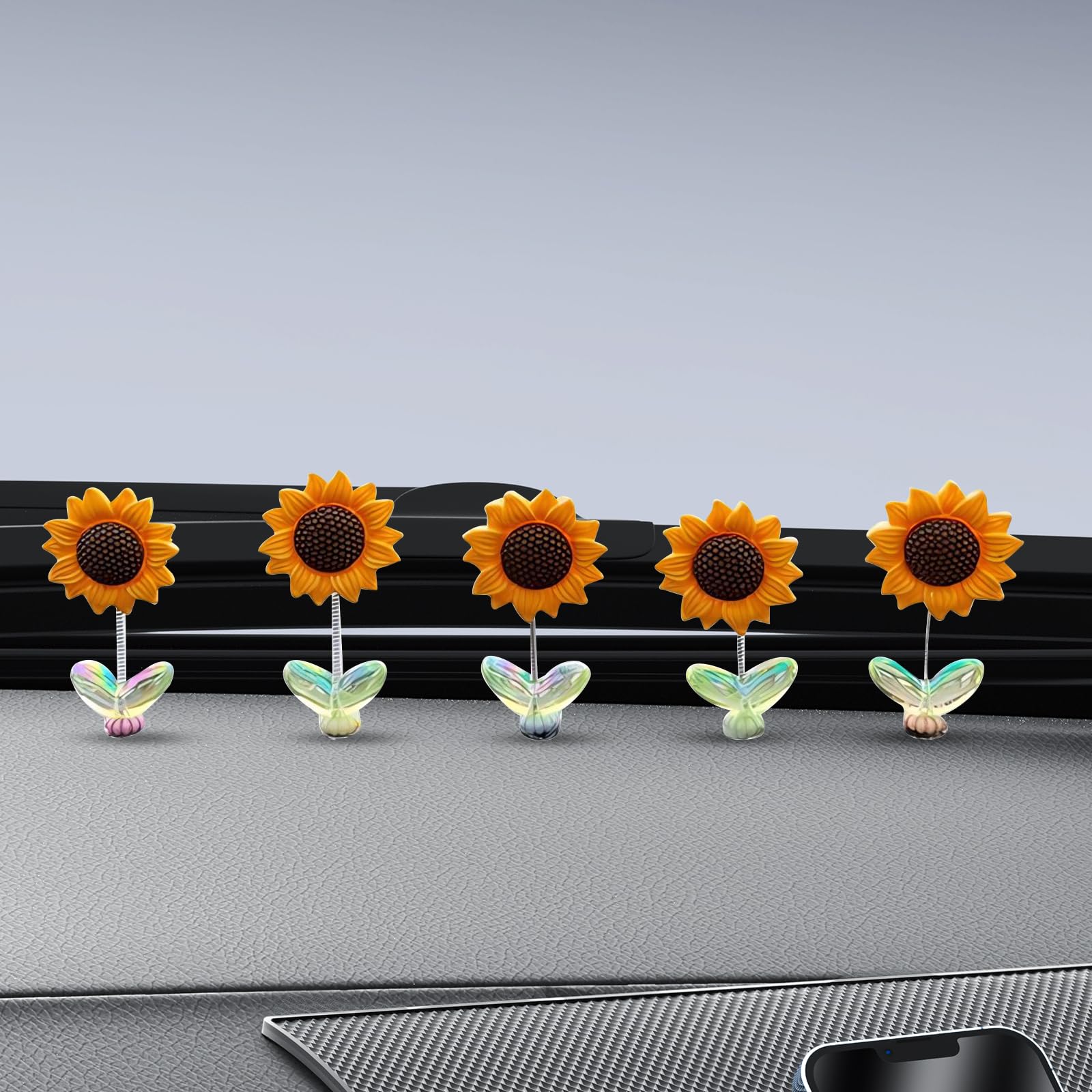 5 Stück Sonnenblumen Auto Deko, Sonnenblumen Auto Armaturenbrett Dekorationen, Kreative Niedliche Wackelkopf Dekorative Ornament, Auto Innenraumdekoration, Geschenke von RevpoltIQ