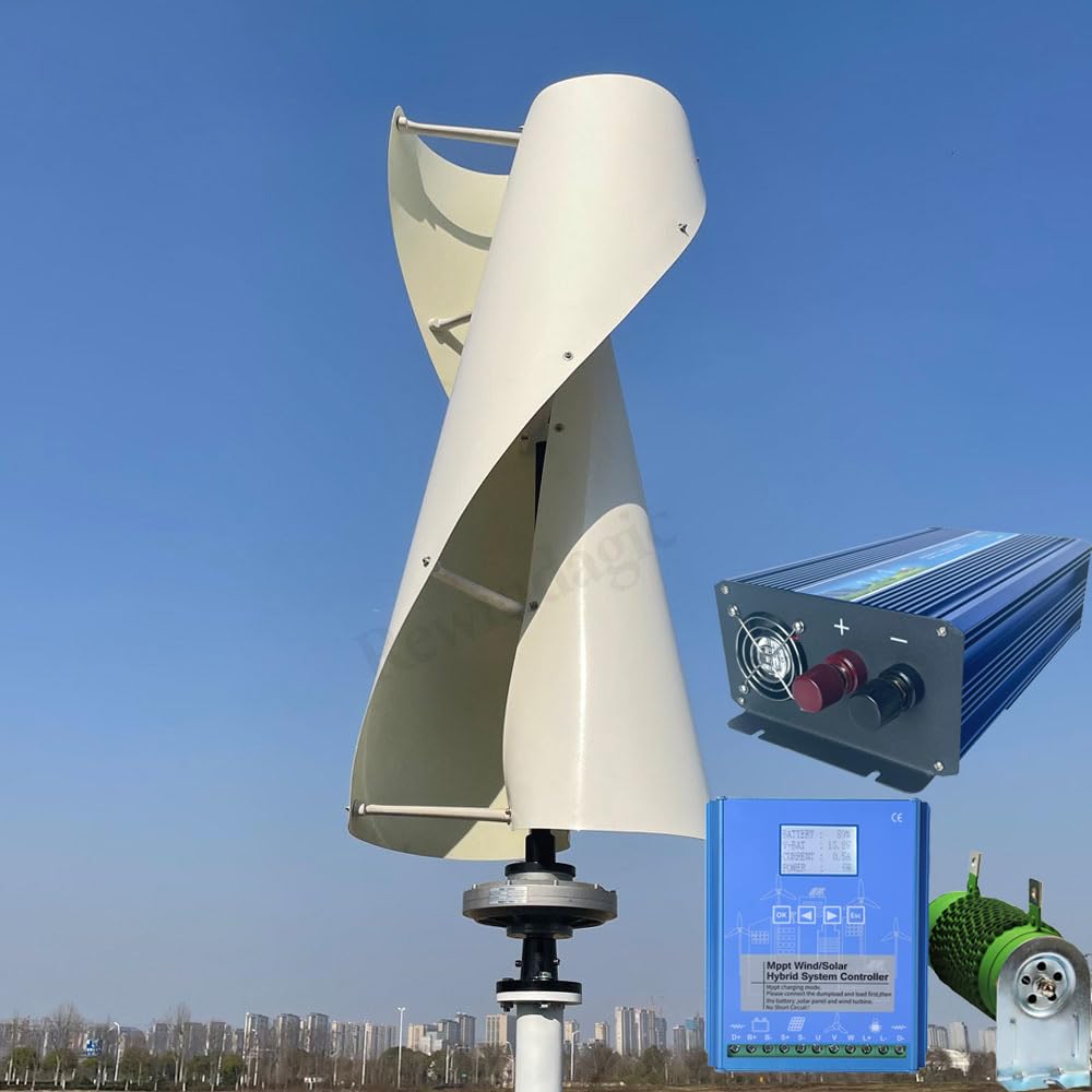 2000W Windkraftanlage vertikaler 48V Windgenerator mit hybridem MPPT-Controller Wechselrichter für 220V Hausgebrauch 2KW Windturbine Windräder (Weiße Farbe) von Rewindagic