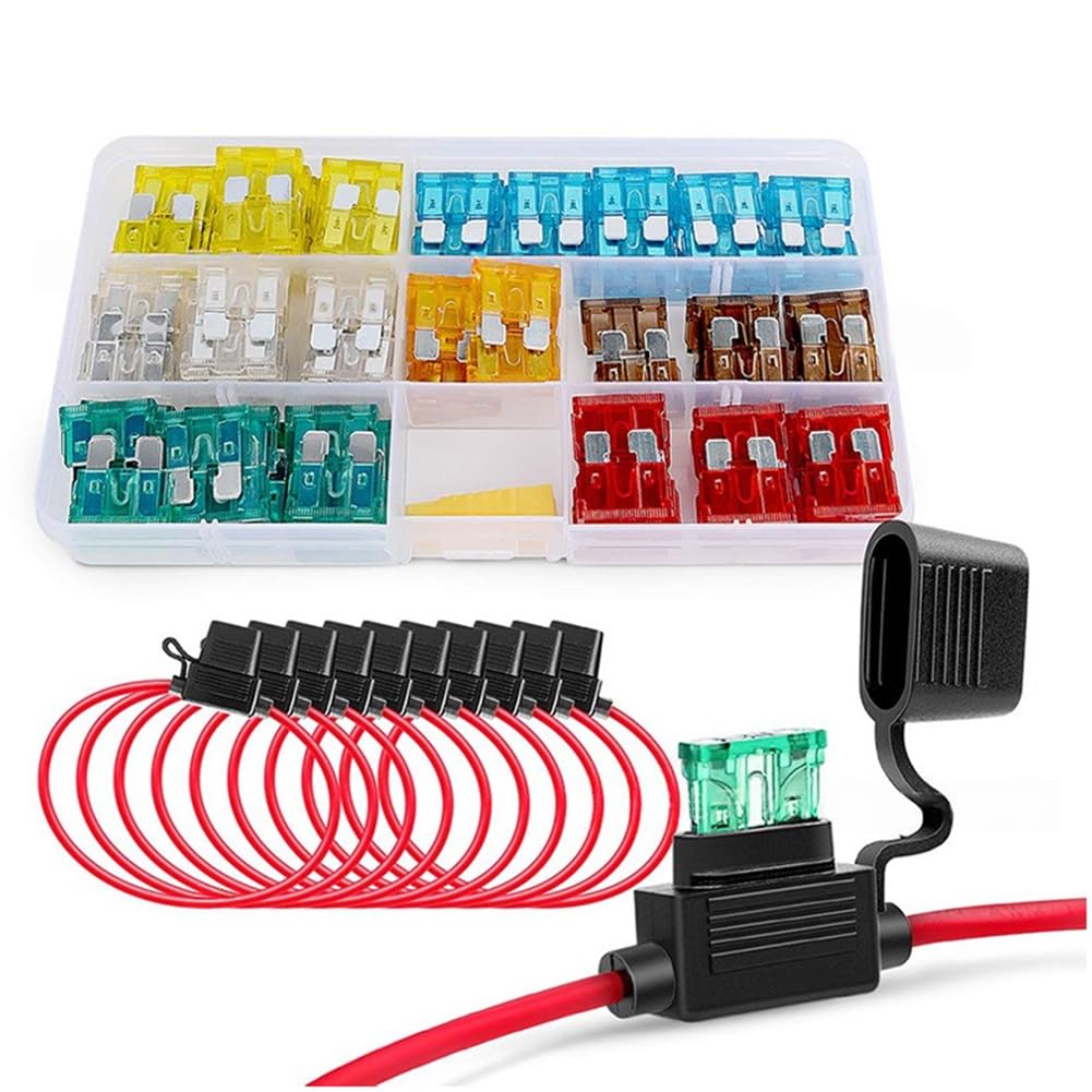 Rfeeuubft 10 Stück 14AWG ATC/ATO-Sicherungshalter mit 120 Stück Mittelgroßen Autosicherungen (5 A, 7,5 A, 10 A, 15 A, 20 A, 25 A, 30 A), Sicherungshalter für Auto von Rfeeuubft