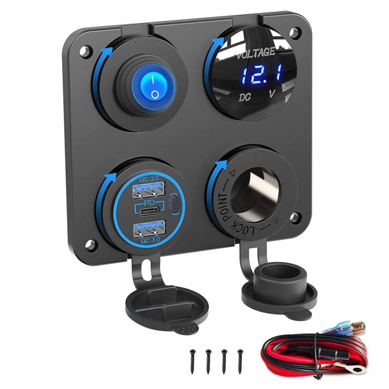 Rfeeuubft Boat RV 12 V Steckdosenpanel, Ladegerät, 4-in-1 DC Power 12 V Ausgangsplatte Multi USB Ladegerät Schnellschalter Hebelschalter von Rfeeuubft