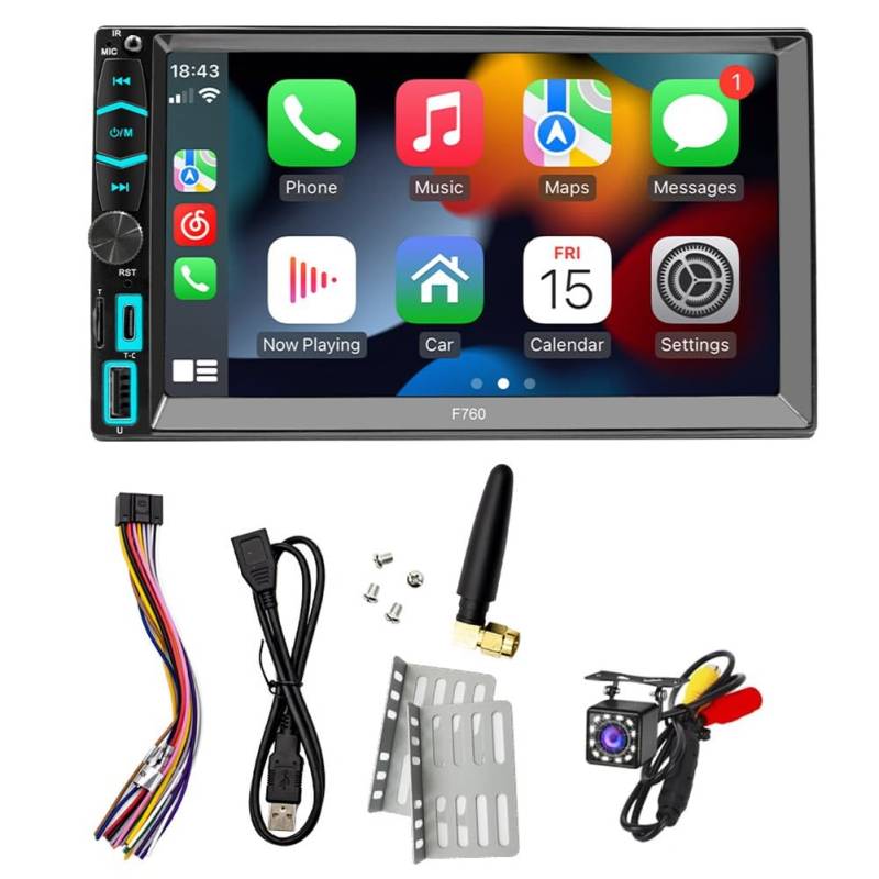 Rfeeuubft Doppel-DIN-Radio mit CarPlay und Android Auto, 7-Touchscreen-FM/AM-Radio, Bluetooth, Mirror-Link, Rückfahrkamera von Rfeeuubft