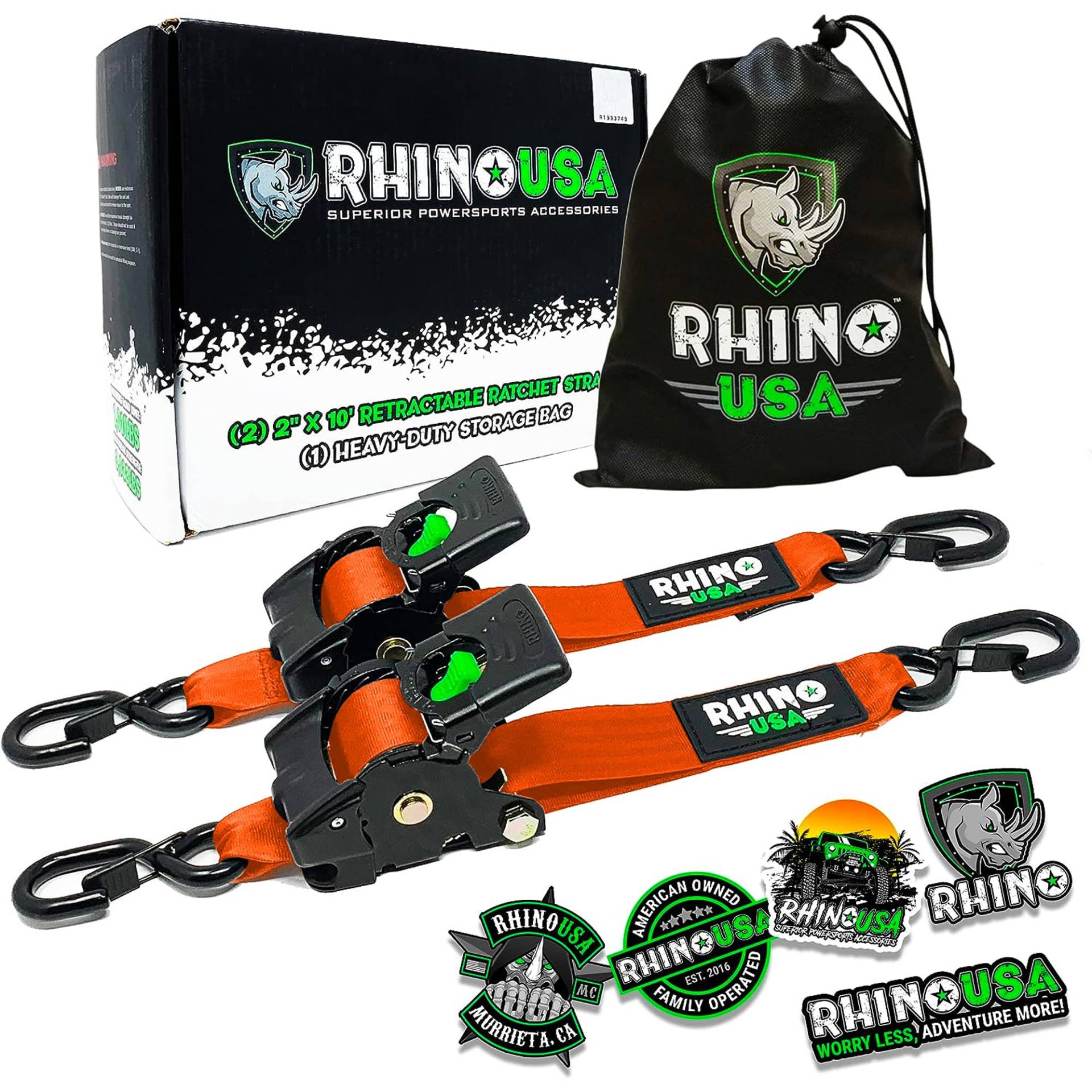 Einziehbare Spanngurte mit Ratsche (2-Pack) 1360 kg garantieren maximale Bruchfestigkeit, inklusive (2) ultimativen 5 cm x 3 m großen, automatisch einziehbaren Gurten mit gepolsterten Griffen Orange von Rhino USA