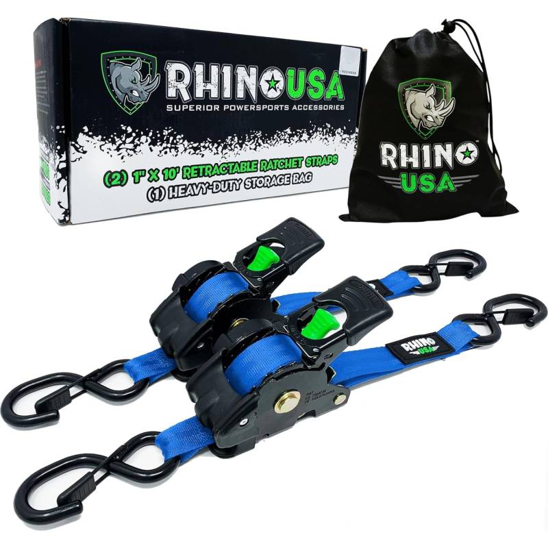 Rhino USA Selbstaufrollende Spanngurte (2er-Pack) - 2.5cm x 3m (540kg Bruchfestigkeit) - Hochleistungs-Automatik-Spanngurte für LKW, Anhänger, Motorrad, Fahrrad & Mehr - Blau von Rhino USA