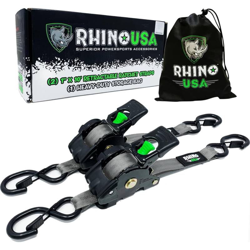 Rhino USA Selbstaufrollende Spanngurte (2er-Pack) - 2.5cm x 3m (540kg Bruchfestigkeit) - Hochleistungs-Automatik-Spanngurte für LKW, Anhänger, Motorrad, Fahrrad & Mehr - Grau von Rhino USA