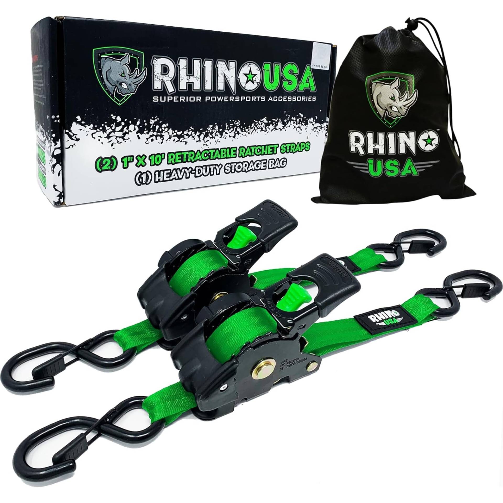 Rhino USA Selbstaufrollende Spanngurte (2er-Pack) - 2.5cm x 3m (540kg Bruchfestigkeit) - Hochleistungs-Automatik-Spanngurte für LKW, Anhänger, Motorrad, Fahrrad & Mehr - Grün von Rhino USA