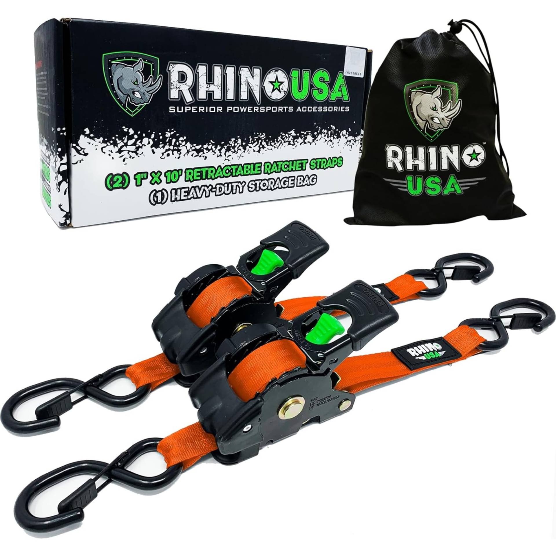 Rhino USA Selbstaufrollende Spanngurte (2er-Pack) - 2.5cm x 3m (540kg Bruchfestigkeit) - Hochleistungs-Automatik-Spanngurte für LKW, Anhänger, Motorrad, Fahrrad & Mehr - Orange von Rhino USA