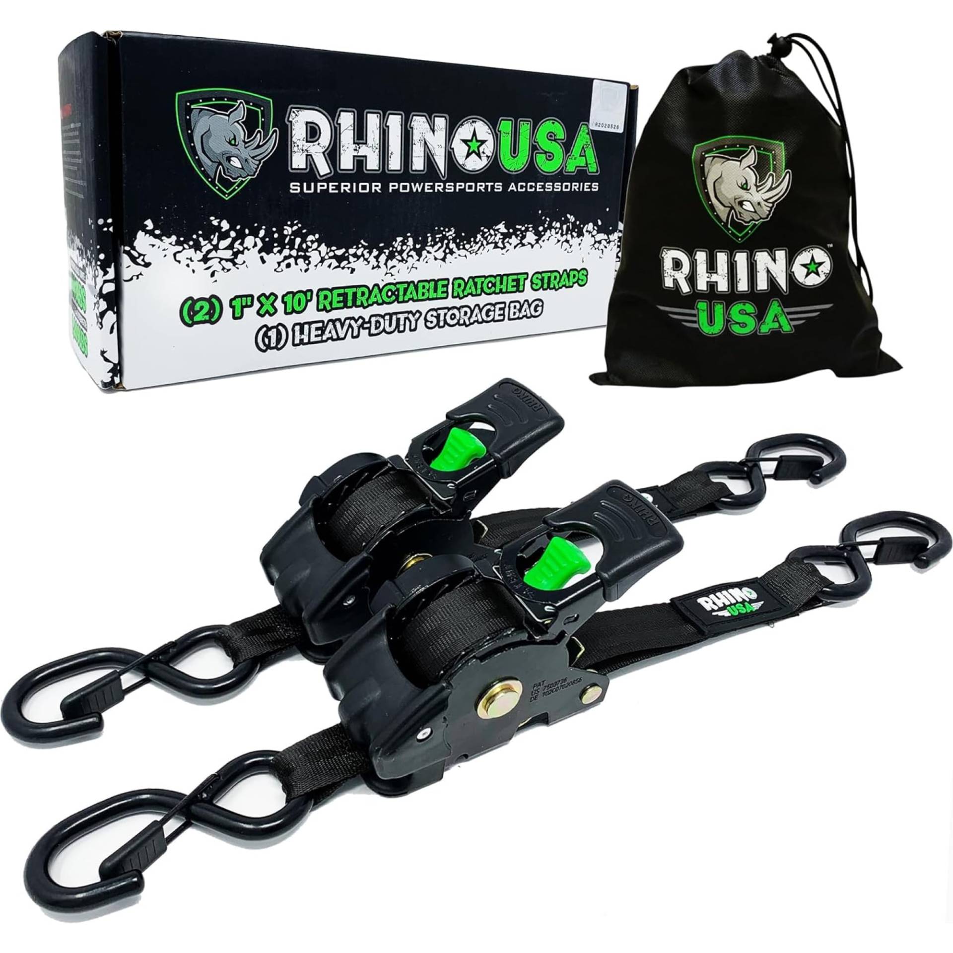 Rhino USA Selbstaufrollende Spanngurte (2er-Pack) - 2.5cm x 3m (540kg Bruchfestigkeit) - Hochleistungs-Automatik-Spanngurte für LKW, Anhänger, Motorrad, Fahrrad & Mehr - Schwarz von Rhino USA