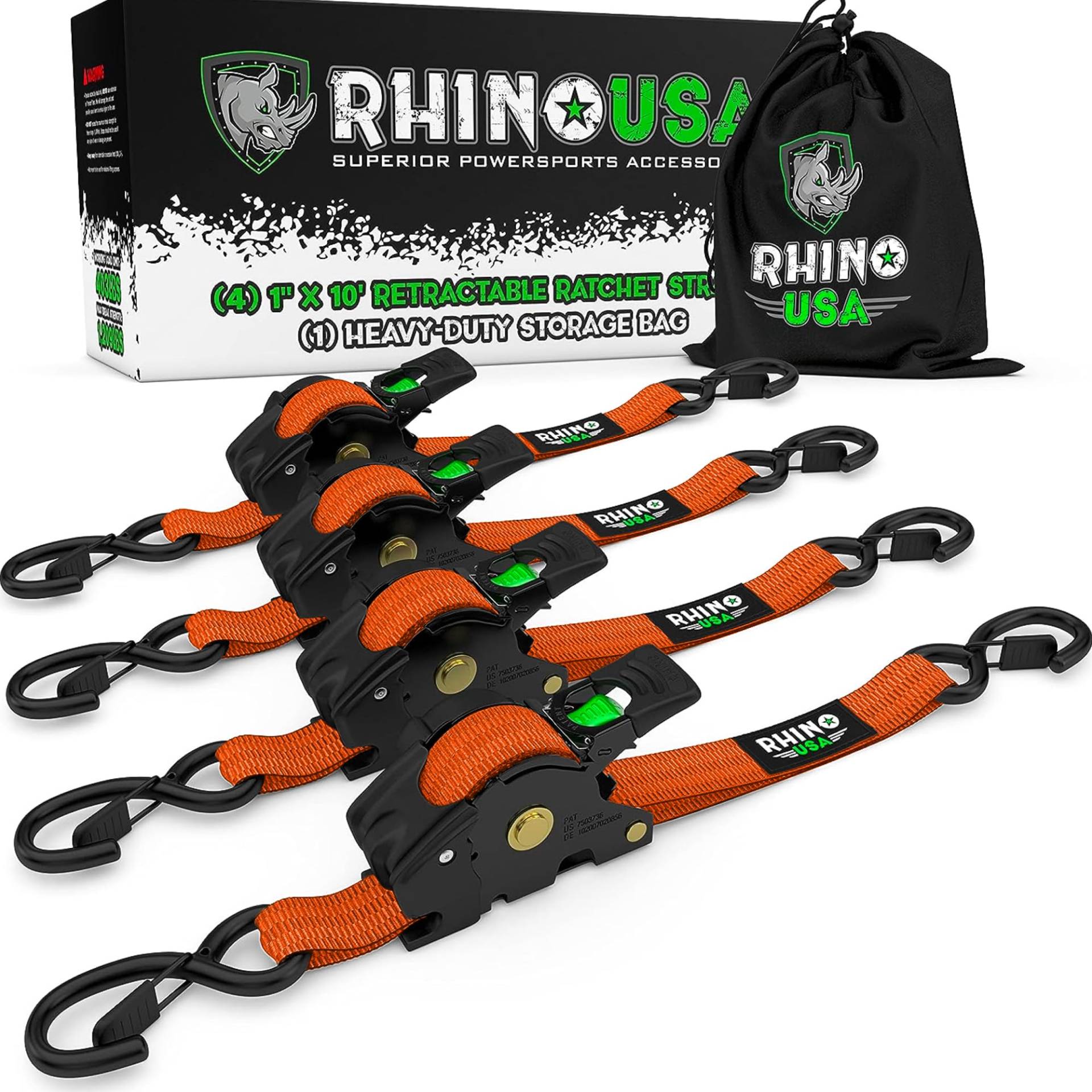 Rhino USA Selbstaufrollende Spanngurte (4er-Pack) - 2.5cm x 3m (540kg Bruchfestigkeit) - Hochleistungs-Automatik-Spanngurte für LKW, Anhänger, Motorrad, Fahrrad & Mehr - Orange von Rhino USA