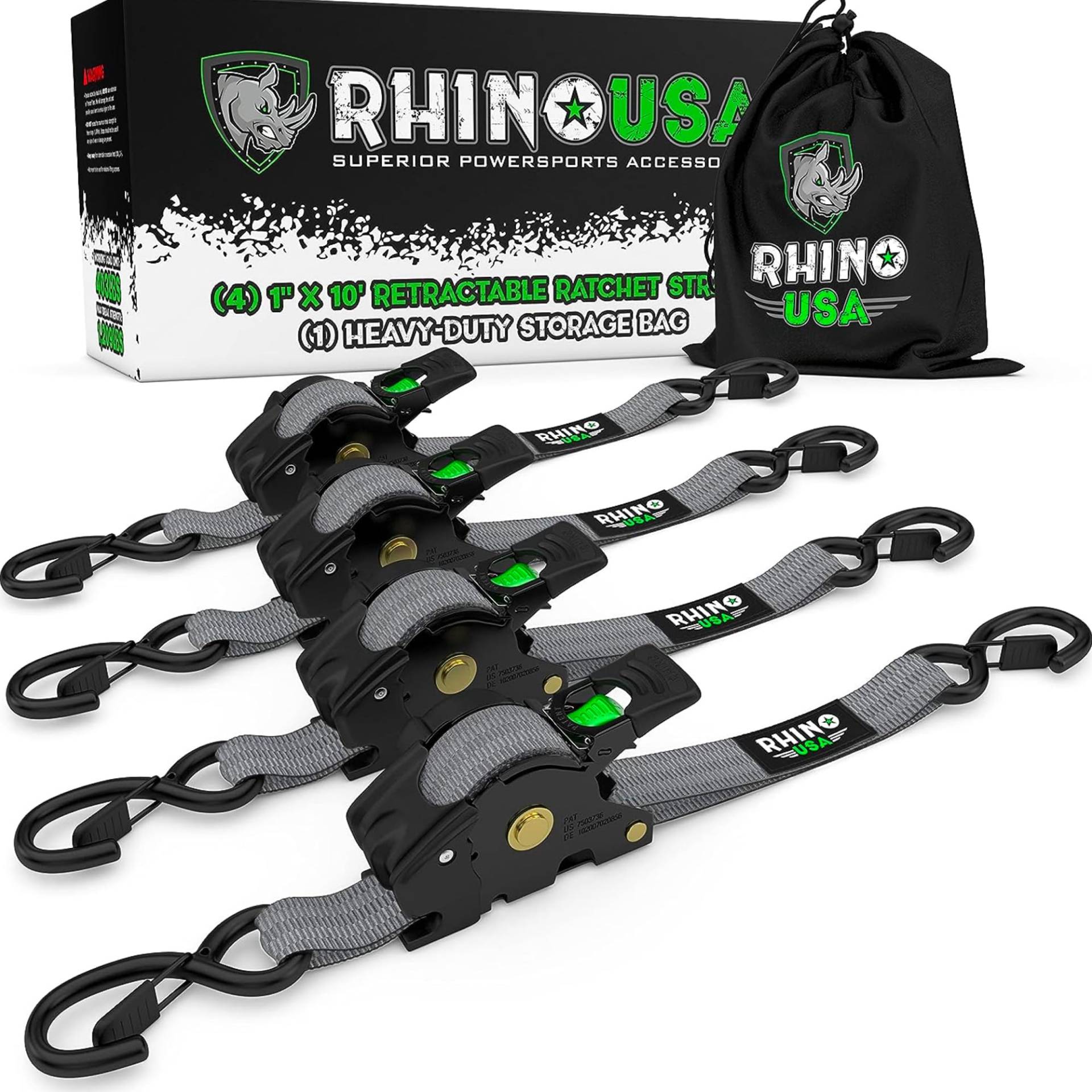 Rhino USA Selbstaufrollende Spanngurte (4er-Pack) - 2.5cm x 3m (540kg Bruchfestigkeit) - Hochleistungs-Automatik-Spanngurte für LKW, Anhänger, Motorrad, Fahrrad & Mehr - Grau von Rhino USA