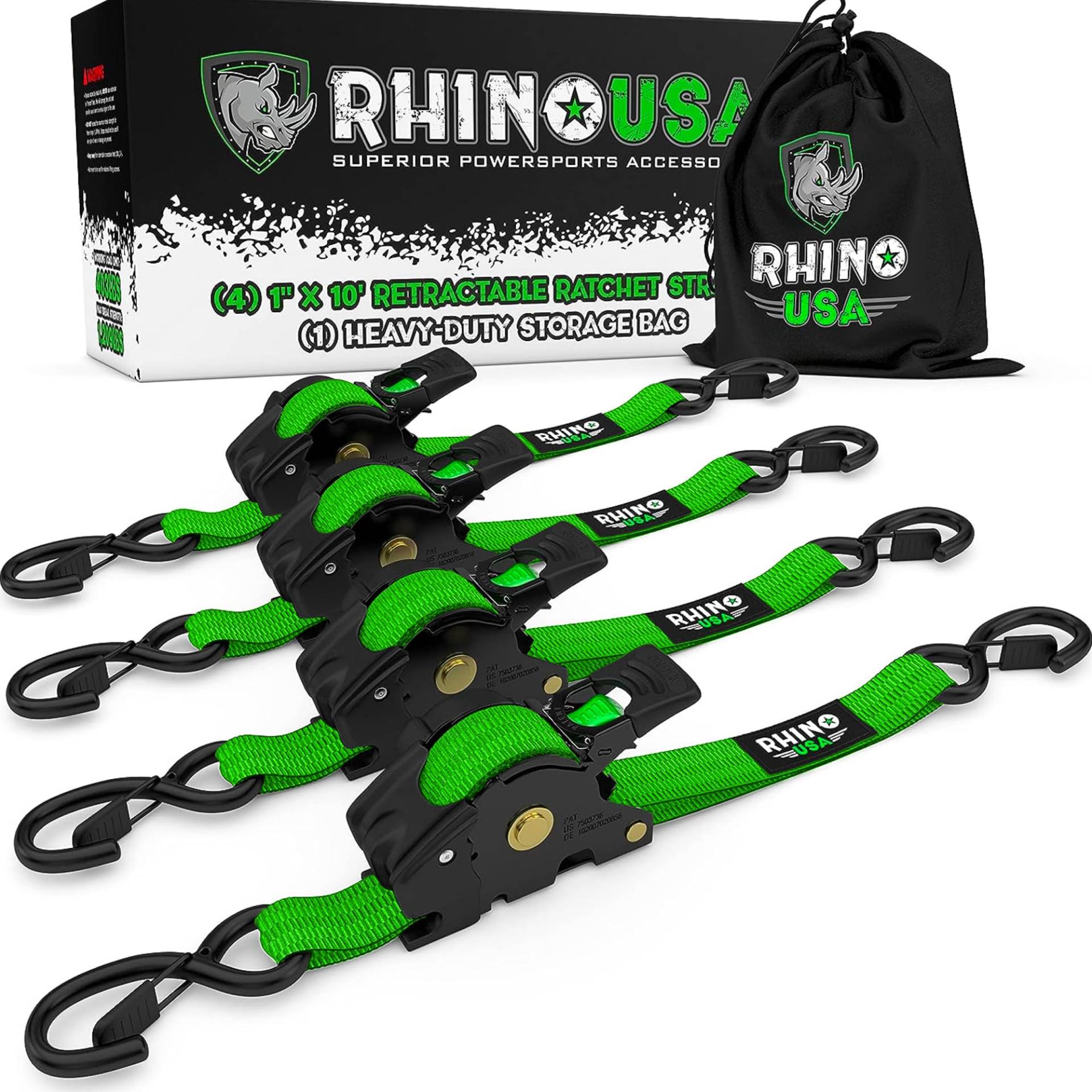 Rhino USA Selbstaufrollende Spanngurte (4er-Pack) - 2.5cm x 3m (540kg Bruchfestigkeit) - Hochleistungs-Automatik-Spanngurte für LKW, Anhänger, Motorrad, Fahrrad & Mehr - Grün von Rhino USA